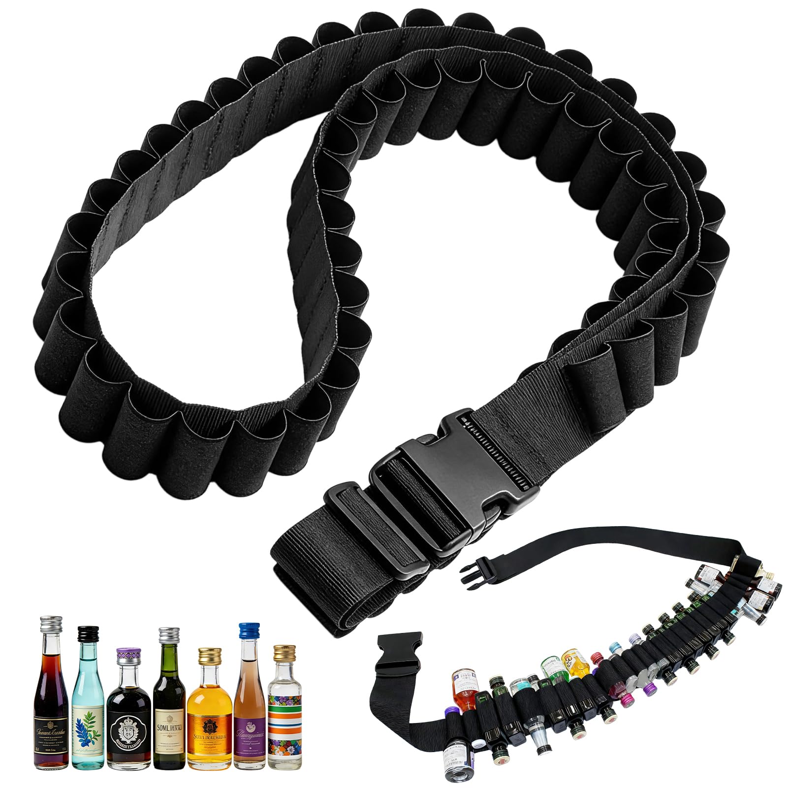 Klopfer Gürtel Nylon Cinturón de Cerveza,Cinturón de Aldaba,Cinturóns de Licor,Soporte para cinturóns de chupito Nailon,148 CM Ajustable,50 Orificios,para Carnaval