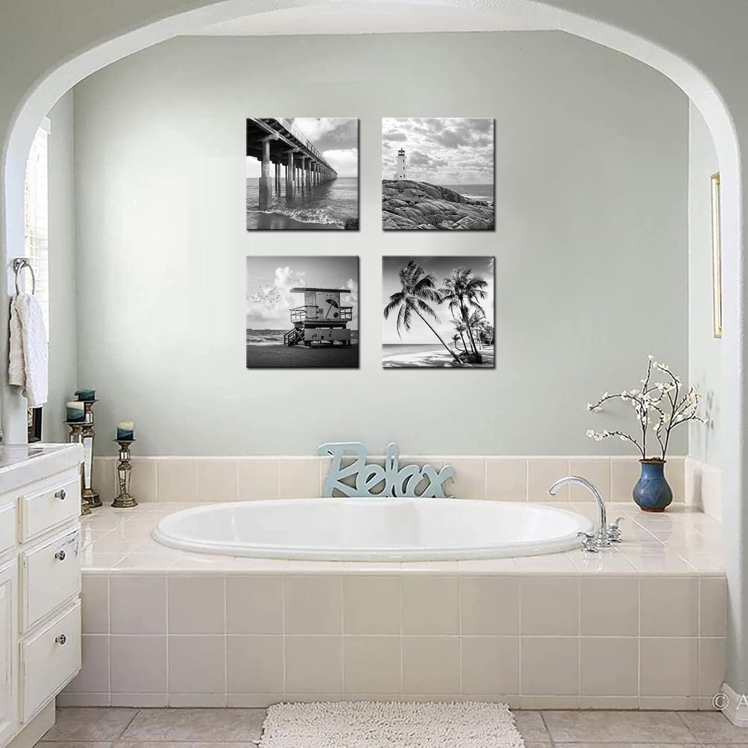 Biuteawal- 4 Piece Wall Art Back White Beach Picture Canvas Print Florida Coastline Lighthouse Lifeguard Tower Pier Poster Print Streched Framed Artwork Living Room Bedroom Bathroom Deco