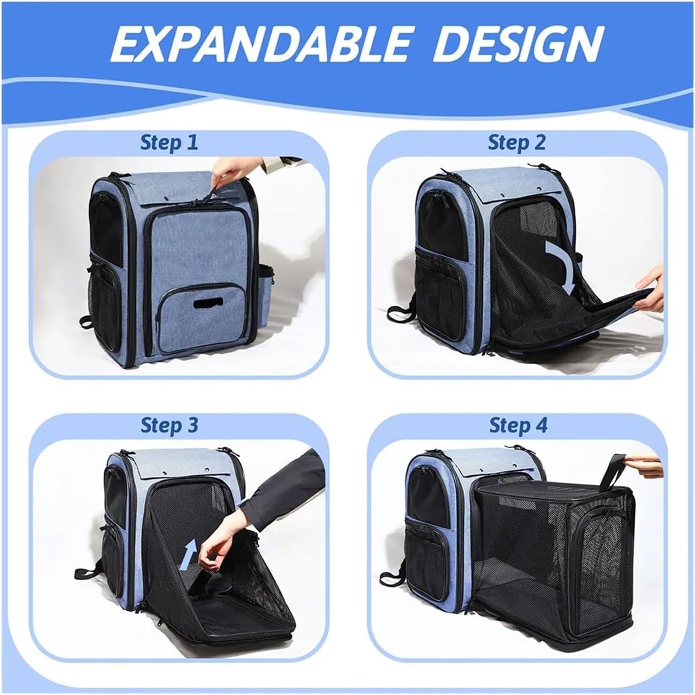 Pet Backpack Expandable Foldable Cat for Small Medium Dog and Cat Transport Dog Bag Large Space Pets with Zipper(39.5x31x27cm)