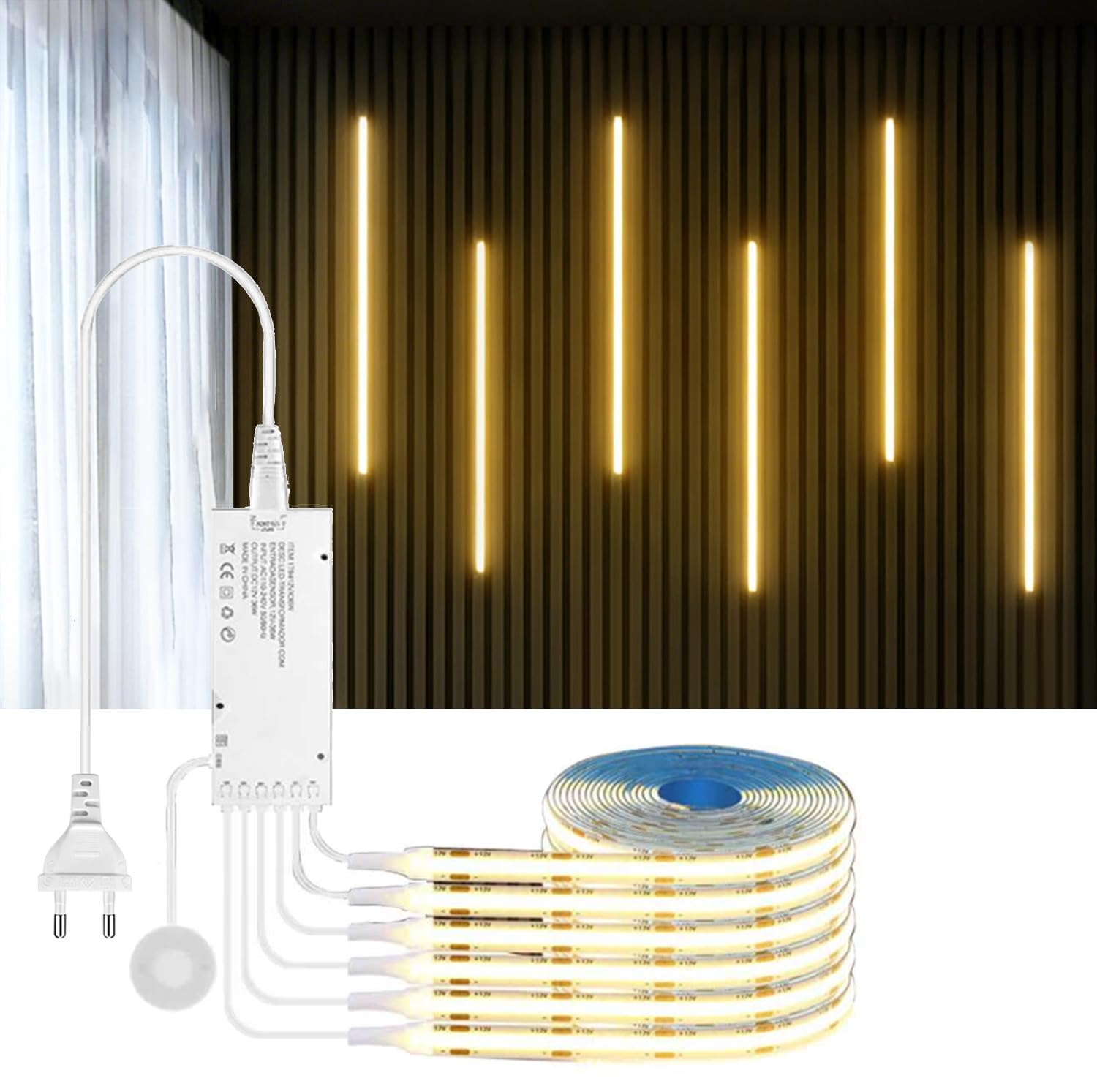 6 Roll 2M Warmwhite COB LED Strip Kit, 12V LED Strip Light con Hide Touch y Hand Sweep Dimmer Switch Kit para la iluminación de la decoración del panel acústico del gabinete (1M)