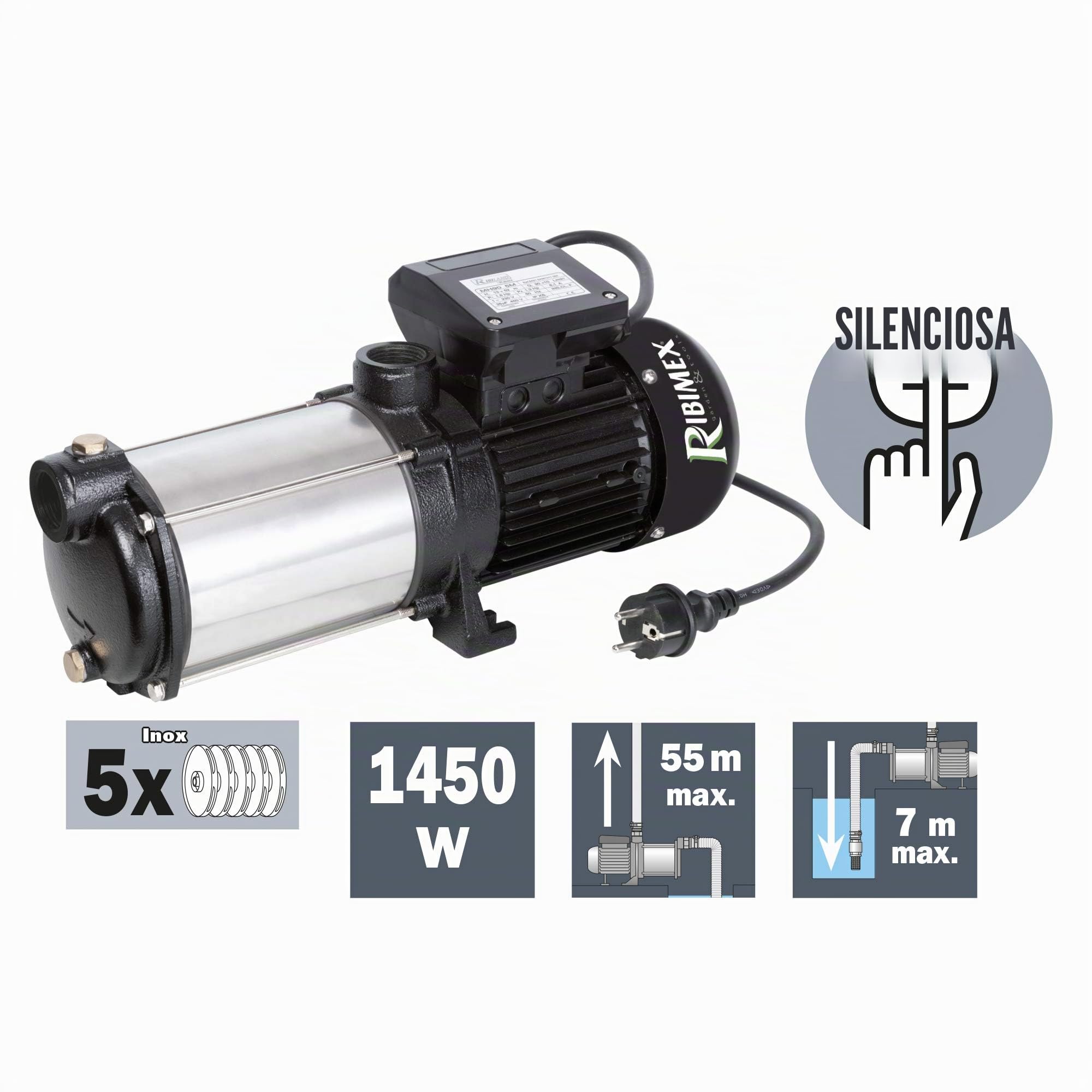 Ribimex PRMCA5PRO Bomba de superficie Pro, 5 turbinas, 1450 W, negro/plata, 19 x 14 x 44 cm