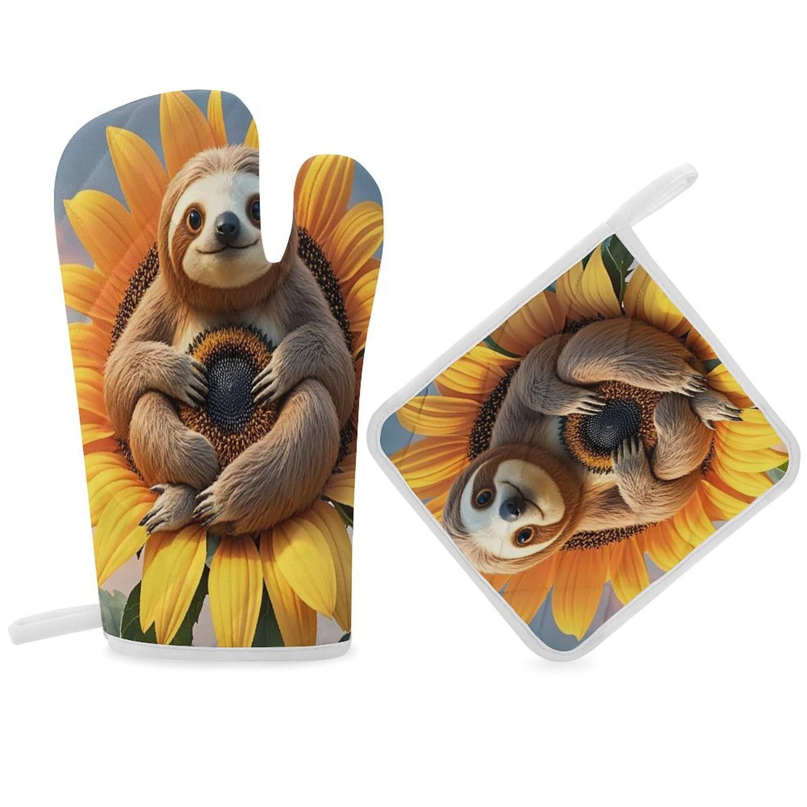 Sloth Sitting on Sunflower Oven Mitt Gloves and Heat Insulation Pads Double-Layer Thickened Heat Insulation Mitt Temperature Oven Gloves for Cooking Baking Grilling