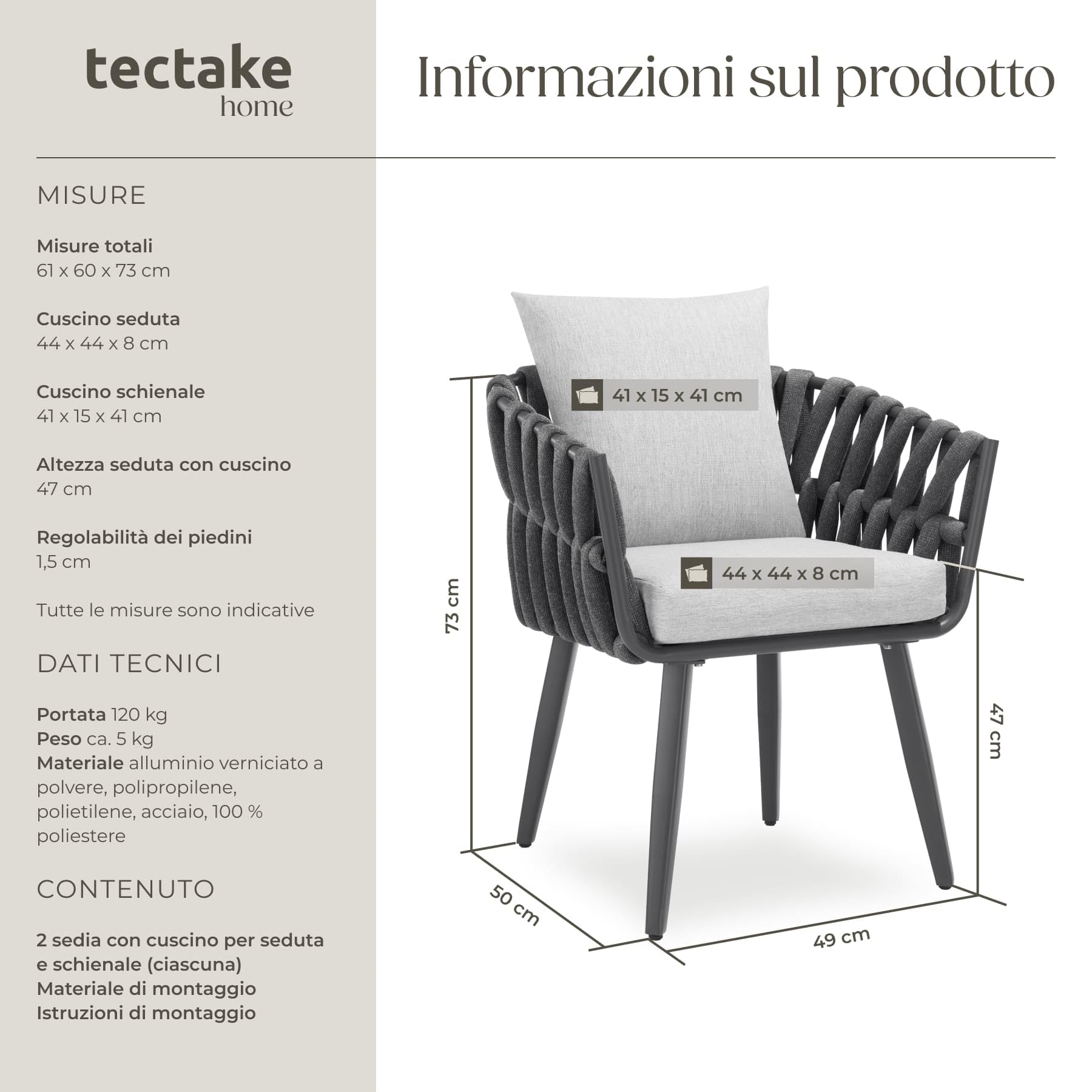 tectake® Set di 2 Sedie da Giardino, Design a Corda, Struttura in Alluminio, Cuscini Extra Spessi e Super Morbidi, Rivestimenti Idrorepellenti e Lavabili, Piedini Regolabili in Altezza - Antracite