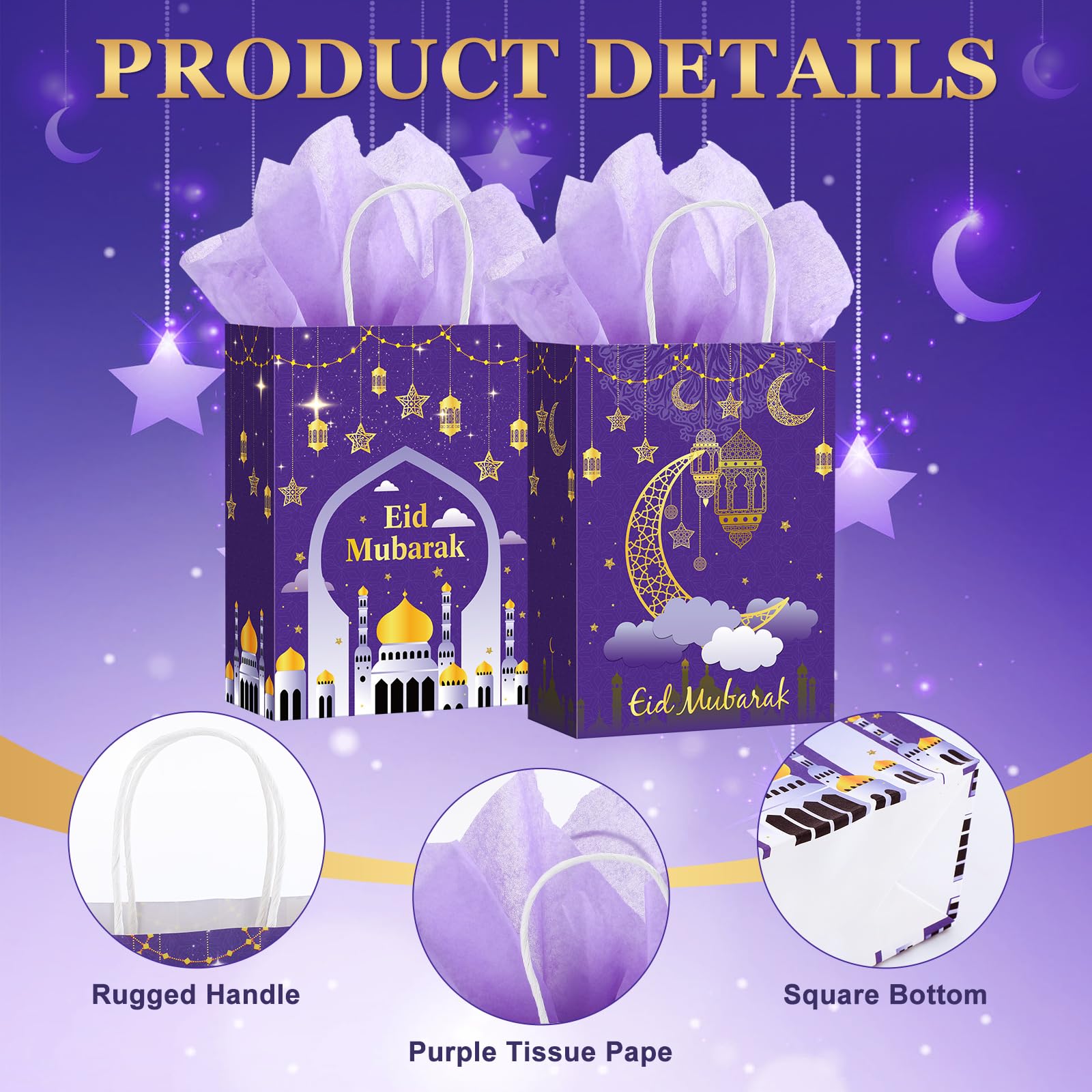Trandraft 24 Pcs Eid Mubarak Gift Bags with Tissue Paper Ramadan Goodies Happy Eid Treats Bags Muslim Party Favor with Handle for Muslim Supplies Al Fitr Party Decoration(Purple)