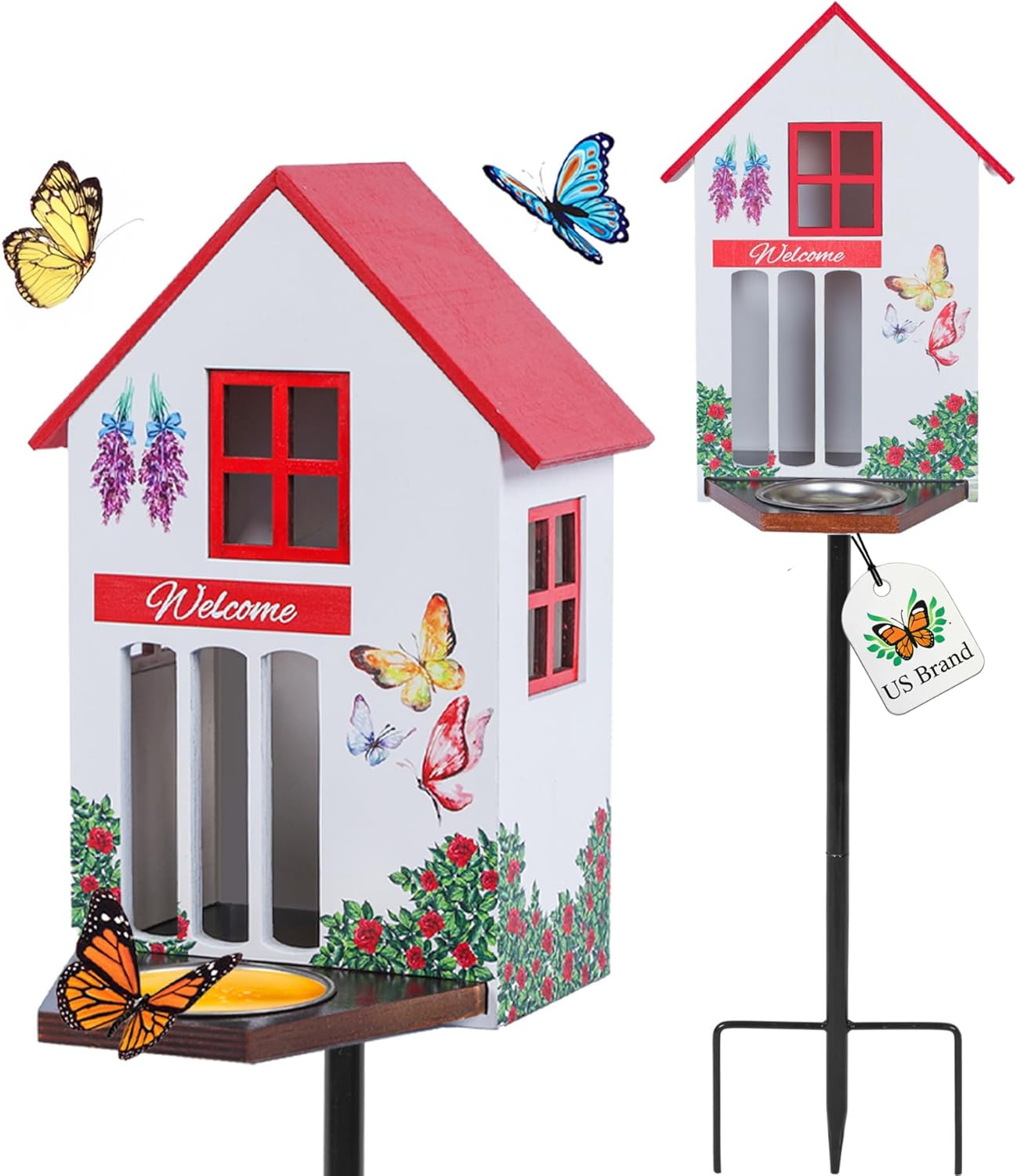 Butterfly House and Feeder for Outside - Wooden Butterfly Shelter with Metal Stake for Garden - 3 Mount Options - Weatherproof - Easy Cleaning – Butterfly Habitat & Garden Decor