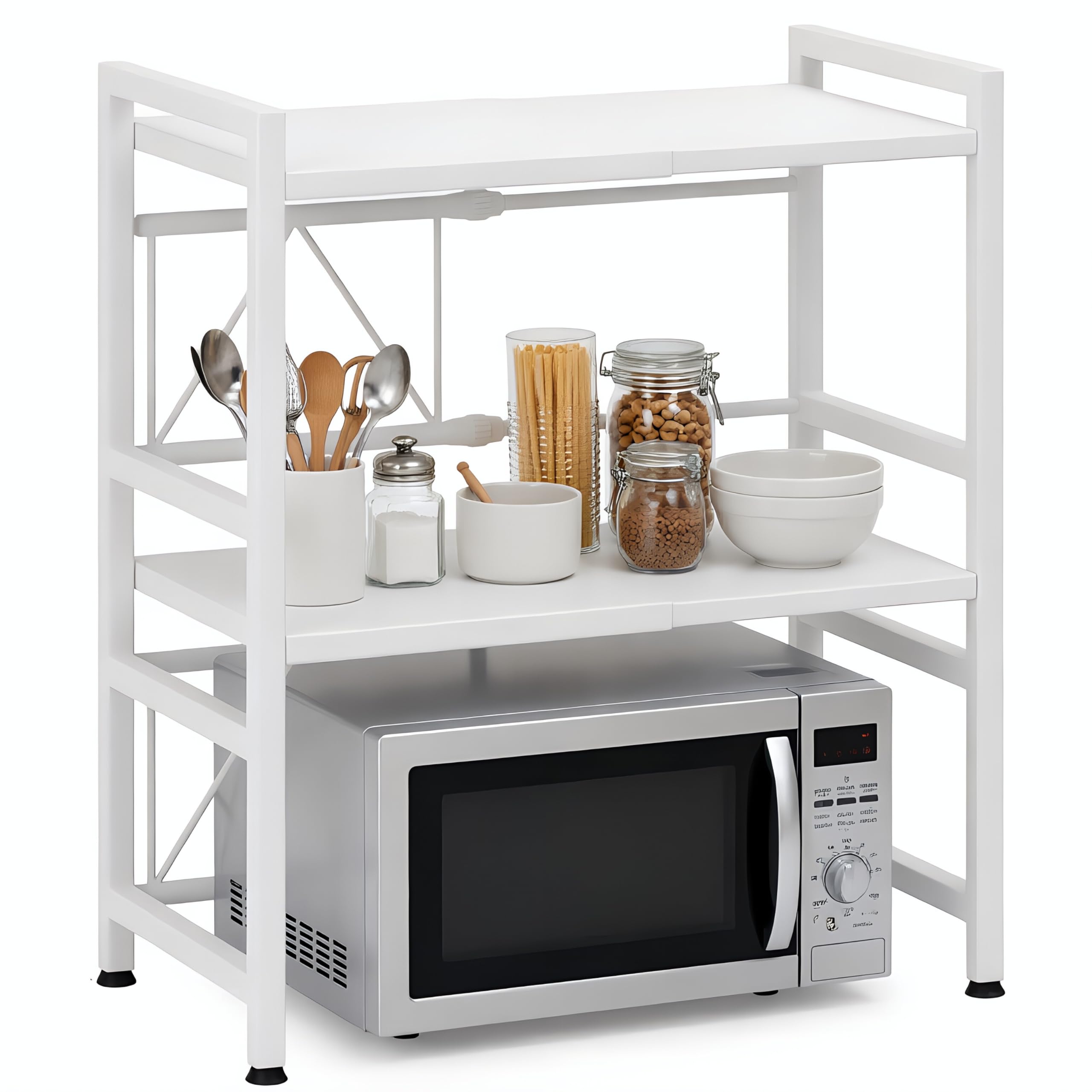 SVOHZAV Microwave Top Rack, Adjustable Shelf Height, Toaster Storage, Microwave Shelf, Multi-Function Rack, Microwave Stand, Telescoping, Space Saving, Width 16.1 to 25.2 Inches (41 to 64 cm), Load 三段式 white - three tiers