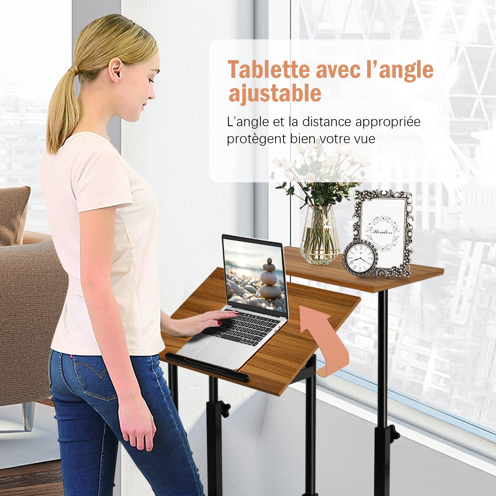 GOPLUS Bureau d'Ordinateur Assis-Debout Réglable en Hauteur 2 en 1, Poste de Travail à roulettes Verrouillables Portable Réglable 60x60x72-123cm (Noyer)