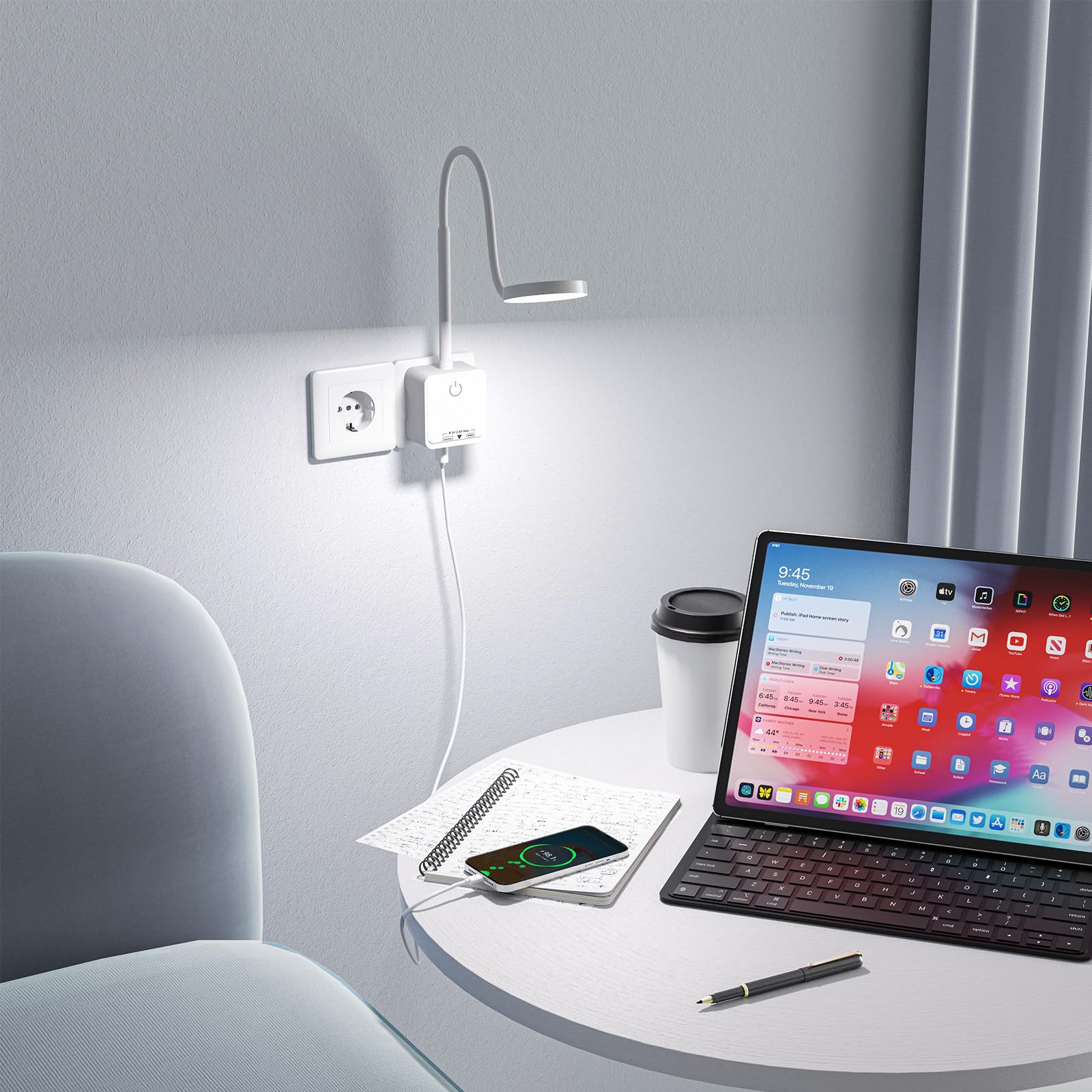 Lampara de Lectura Aplique Mesita de Noche Pared LED Interior con Enchufe, Interruptor Táctil Regulable, 3 Color de Luz, Amplio Angulo Iluminación 110°, Puertos de Salida USB