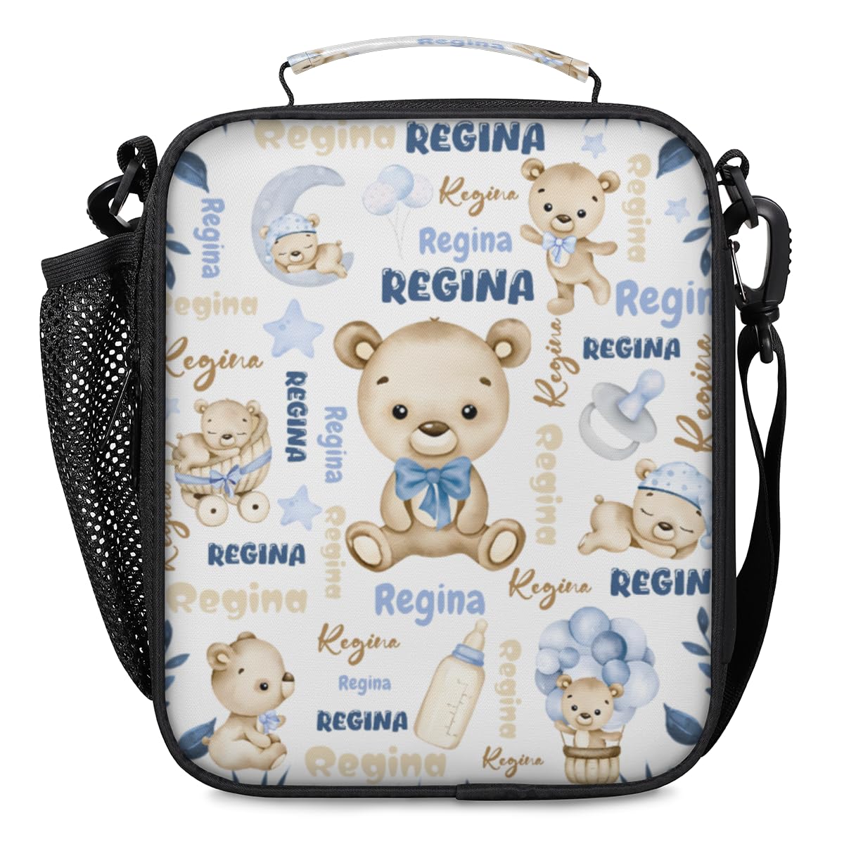 Personalized Insulated Lunch Bags for Kids - Cute Lunch Box for School Picnic, Leakproof & Water-Resistant & Washable Mini Cooler Bag with Adjustable Shoulder Strap, Cute Bear Clouds Text Blue