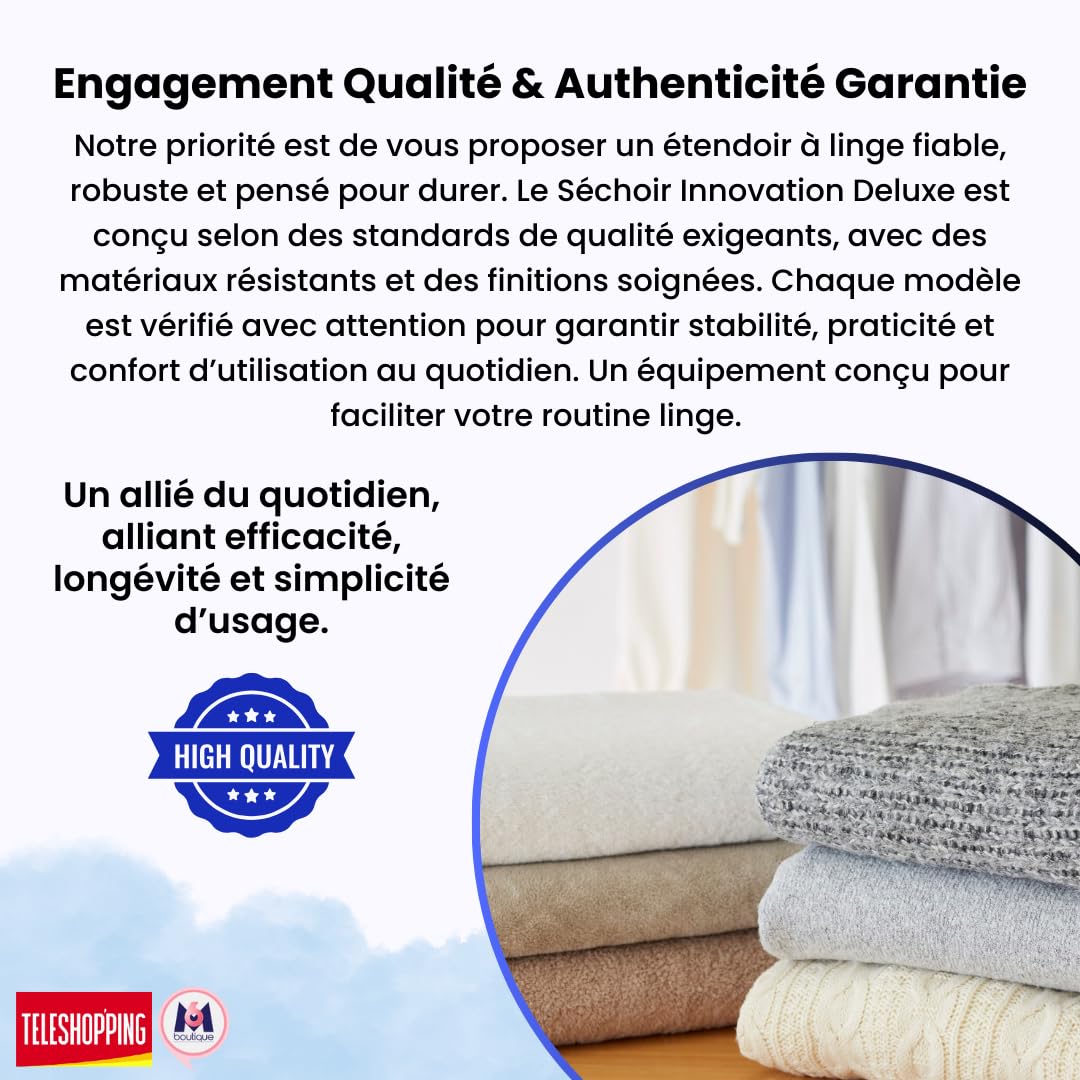 Téléshopping - Sechoir Linge Innovation Deluxe 22m | 6 Plateaux Réglables + 1 Barre Extensible | Etendoir Linge Capacité 25kg | 36 Crochets + 2 Porte-Cintres | Roulettes & Structure Acier Pliable