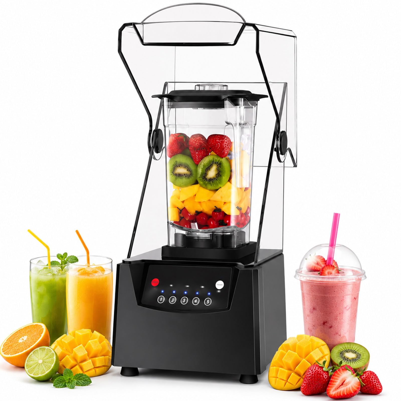 Elektryczna Kruszarka do Lodu i Blender do Smoothie 2200W, Cichy Blender Gastronomiczny z Kielichem 1,8L, 5 Ustawieniami i Ostrzami ze Stali Nierdzewnej do Stoiska z Napojami, Kawiarni