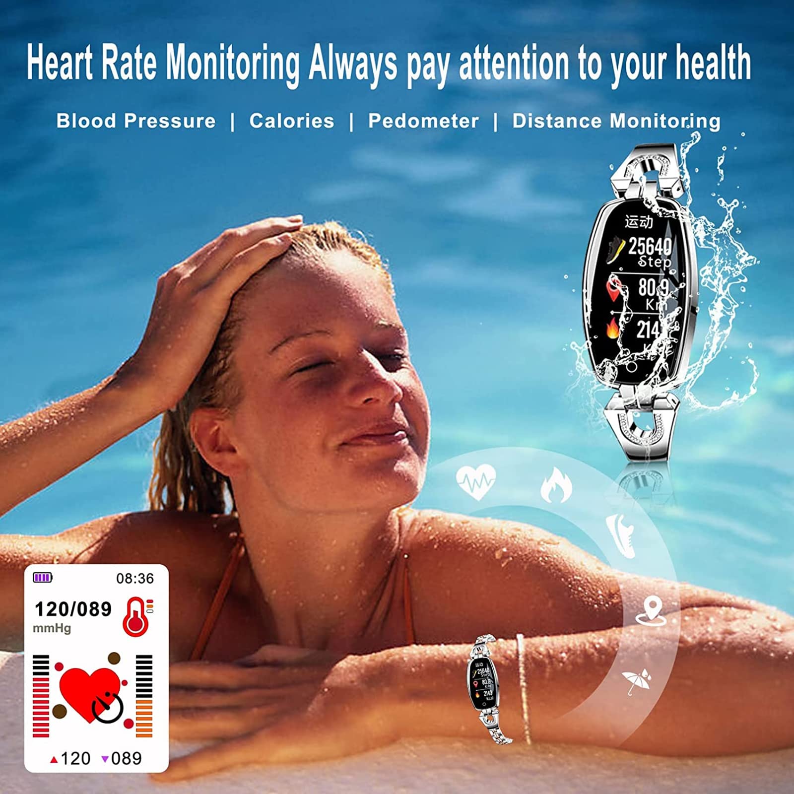 Damski smartwatch, modny ekran dotykowy, wodoodporny IP67, monitor aktywności z monitorem tętna, monitor snu dla systemu Android iOS, czarny