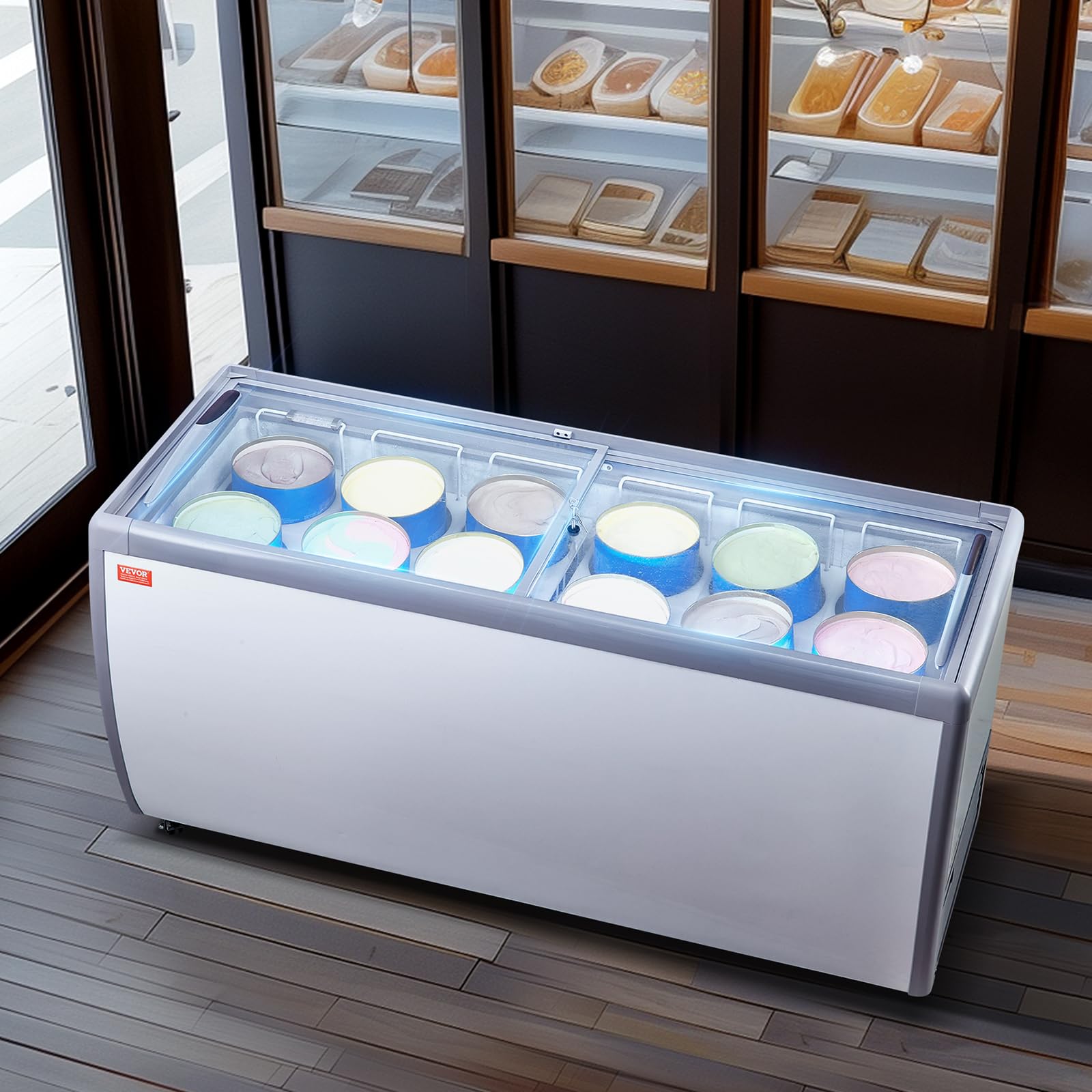 VEVOR Vitrina Comercial para Helado, Congelador Horizontal 567 L, Congelador Móvil con Tapa de Vidrio, 12 Tinas Grandes, 2 Puertas Corredizas de Vidrio, Ruedas con Bloqueo, Blanco, 1800 x 715 x 880 mm
