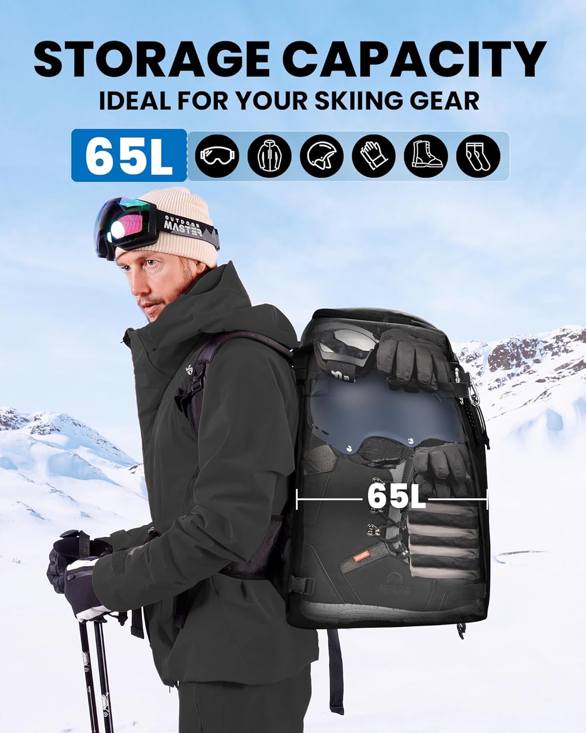 OutdoorMaster Ski Boot Bag, 65L Snowboard Boots Travel Backpack for Helmet, Ski Shoes, Goggles, Gloves and Accessories, Waterproof Exterior & Bottom