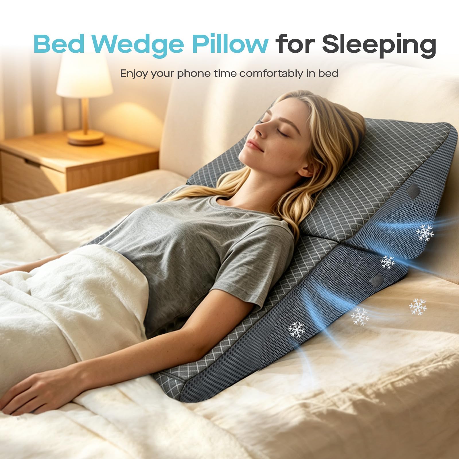 Agrish Almohada cuña refrescante para Adultos | Almohada cuña 3 en 1 de espuma viscoelástica, almohada inclinada para dormir, soporte lumbar para sentarse en la cama