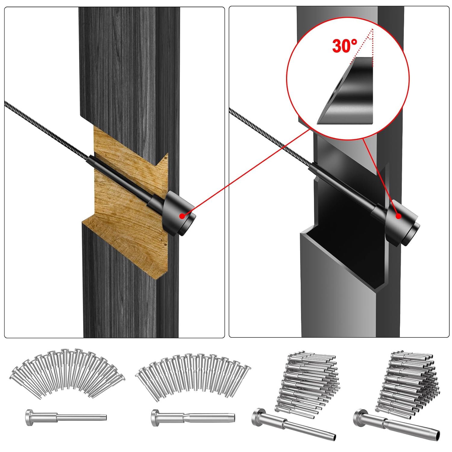 BLIKA 20 Pack 1/8" Black Stainless Steel Invisible Receiver and Swage Stud Ends and 20 Pack 5/16" ID Black Angle Washers