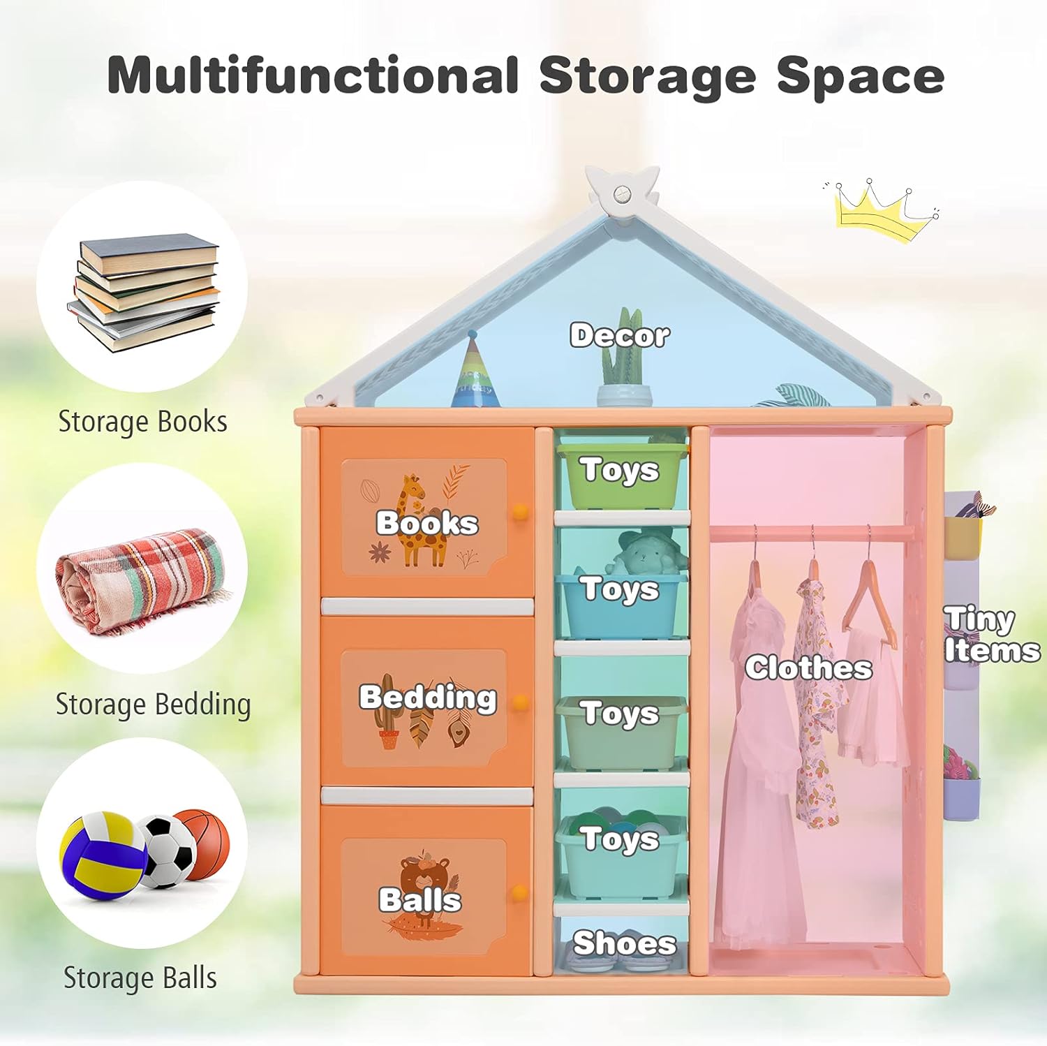 Creative Product Costzon Kids Dress up Costume Storage Closet, Children Pretend Dresser Wardrobe Closet w/Bins, Shelves, Side Baskets, Hanging Armoire Closet Costume Organizer Center for Kids Room Bedroom (Pink)