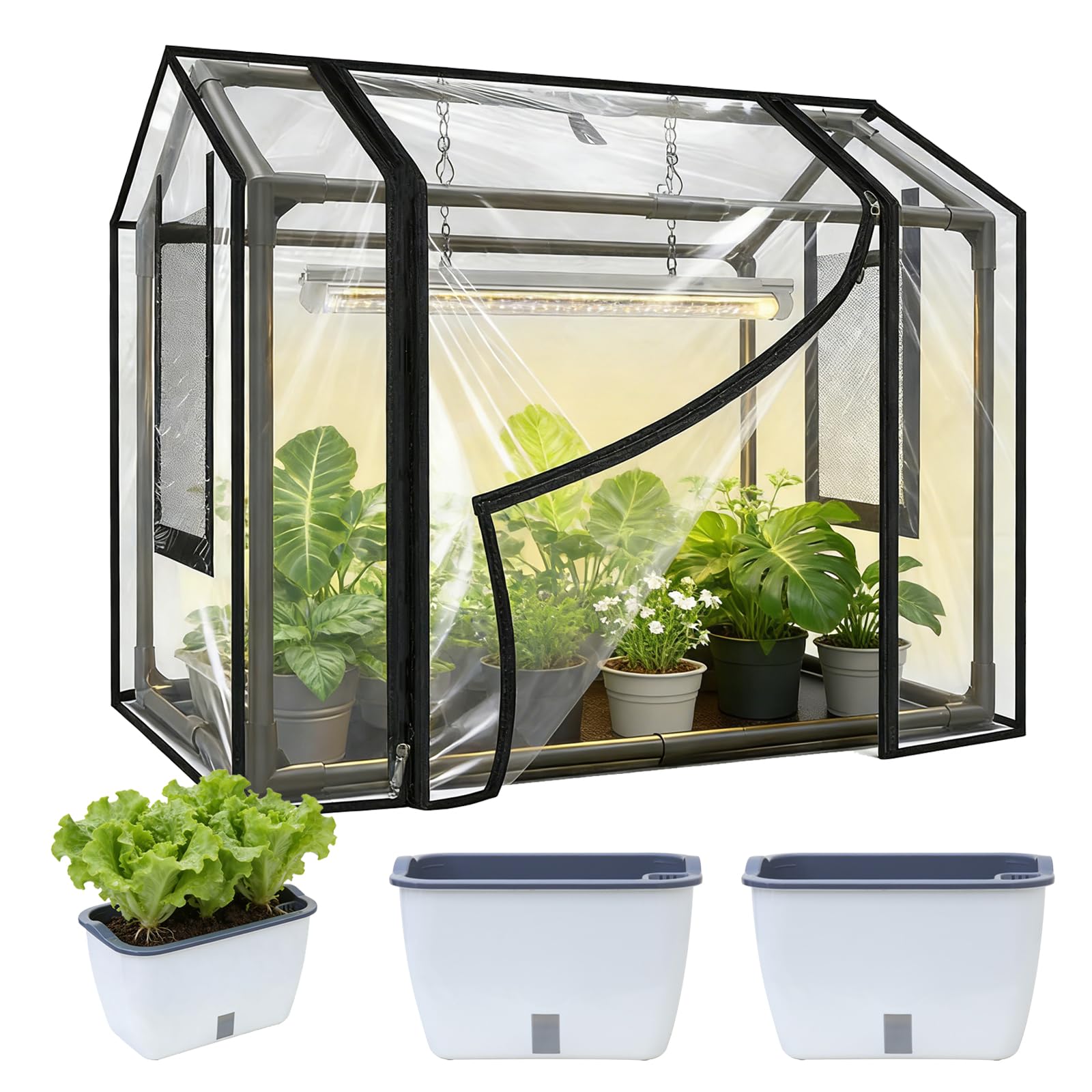 Kit di Piantagione, Serra da Balcone con 2 Vasi per Piante Copertura PVC 60 x 40 x 50 cm con Porta Avvolgibile a Cerniera Serra da Giardino Resistente Alle Intemperie Trasparente per Giardino Balcone