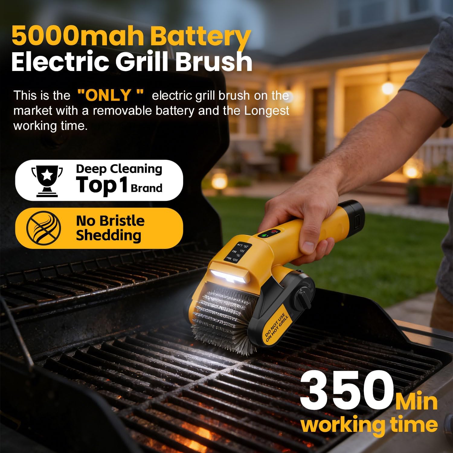 5000mAh 350 Mins Runtime Electric Rotary Grill Brush, 800RPM Powerful Outdoor Automatic Grill Cleaning Brush, 304 Stainless Steel No Bristle Shedding Cordless BBQ Cleaner
