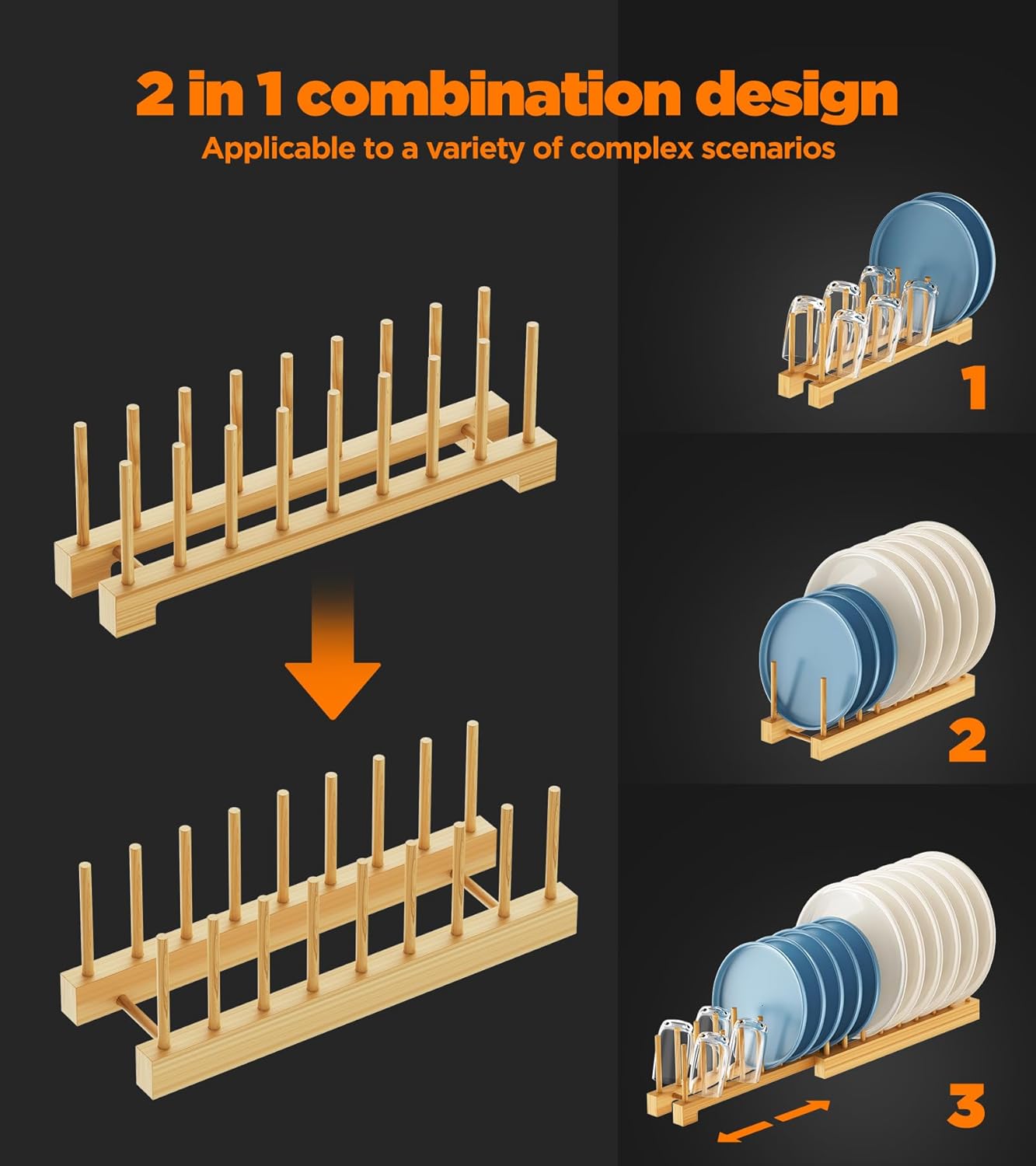 Dish Rack, Flexible Bamboo Dish Drying Rack Pot Lid Plate Stand Holder Adjustable Vertical Organizer Storage for Kitchen Cabinet Dish, Pot Lid, Bowl, Cup 1