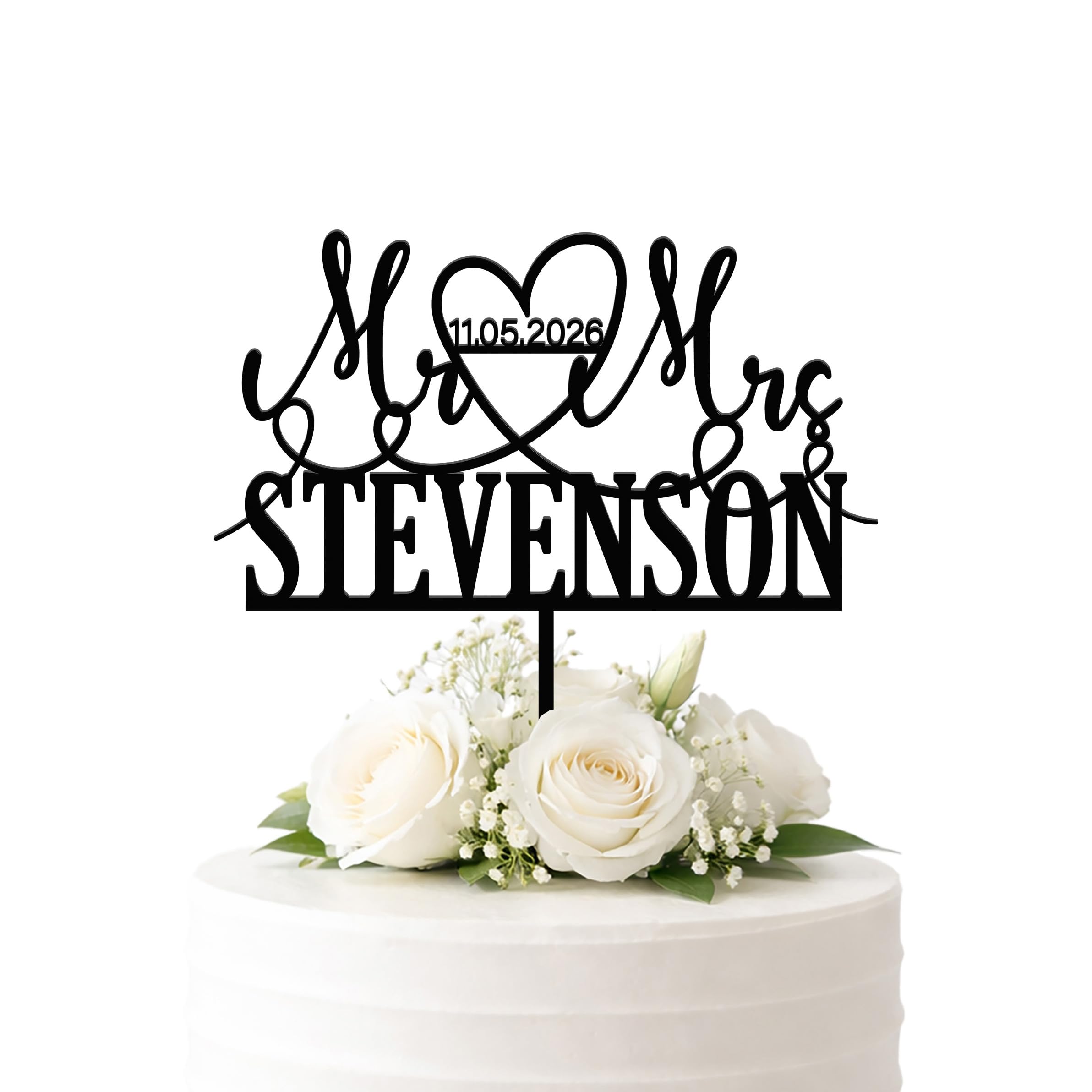 Custom Mr & Mrs Wedding Cake Topper with Surname and Date – Personalised Heart Topper in Acrylic or Wood
