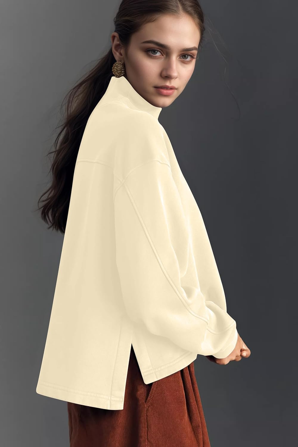 Ythomm Womens Mock Turtleneck Sweatshirt Long Sleeve Side Slit Pullover Tops Casual High Low Hem Drop Shoulder Sweatshirts - Image 2