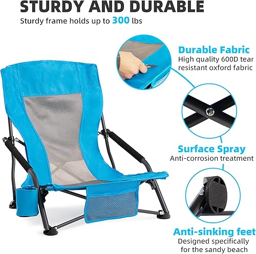 Miniatura 5 de Silla de playa plegable portátil para adultos, juego de 2, silla ligera con respaldo bajo con soporte para tazas y bolsillo de almacenamiento, silla