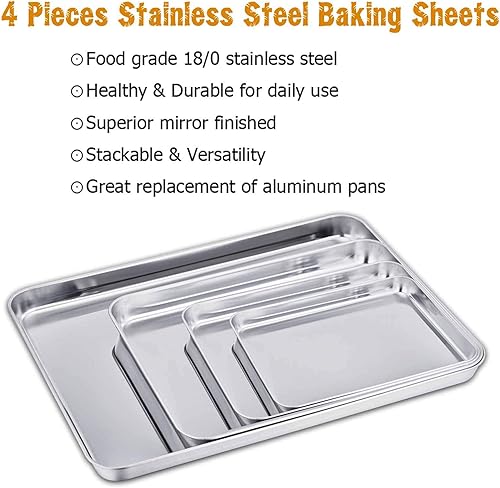 Miniatura 2 de TeamFar Juego de 4 bandejas para hornear, bandeja para hornear de acero inoxidable, no tóxicas y saludables, libres de óxido y fáciles de limpiar,