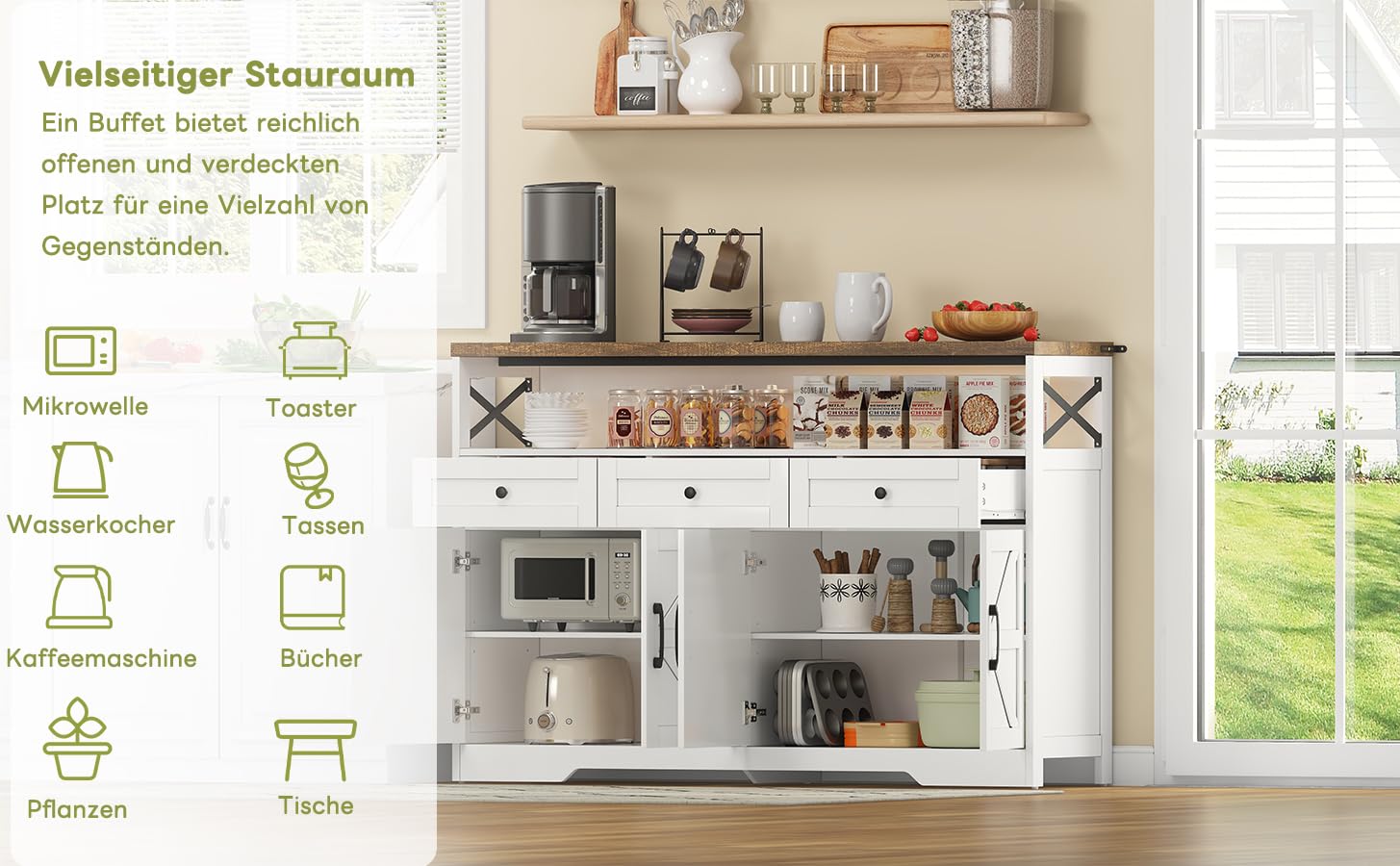 REXO Credenza a buffet, 140 cm, con spazio di archiviazione, caffè bar con 3 cassetti, consolle in stile rustico con porte, armadi con ripiani, adatta per cucina, soggiorno, corridoio, stile rustico