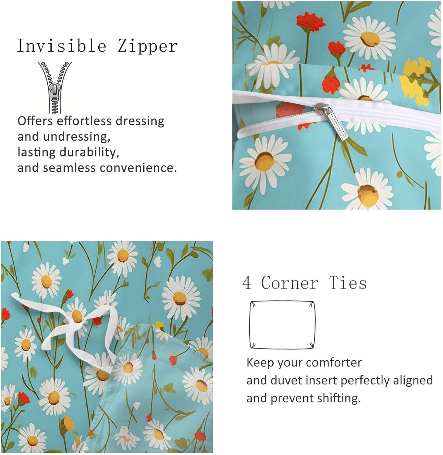 Retro Plants Wildflowers Daisy Duvet Cover Twin Size 69 x 91 inches for Adults Kids Teens Bedroom Decor, Green Print Comforter Cover 3 Piece - Polyester Bedding Set with 2 Pillow Cases
