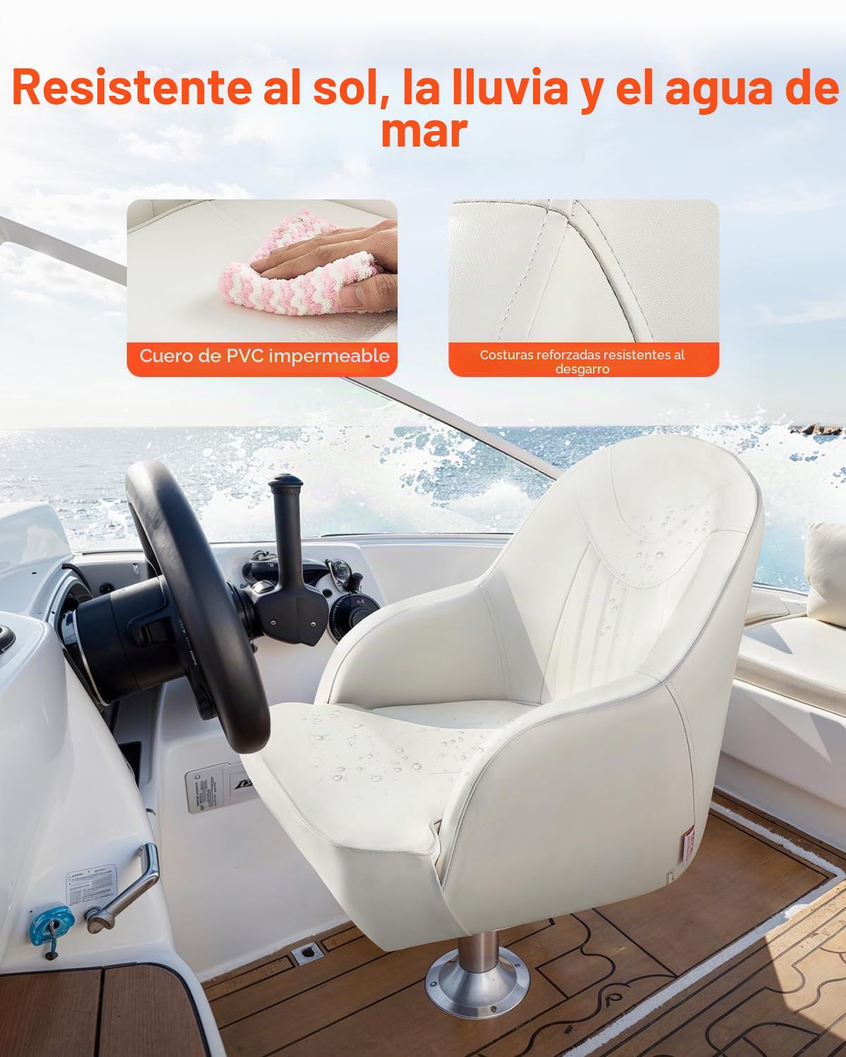VEVOR Asiento de barco, respaldo bajo, asiento de barco con cojín de esponja gruesa y piel de PVC impermeable, diseño ergonómico, adecuado para barcos de pesca, yates, barcos, color blanco