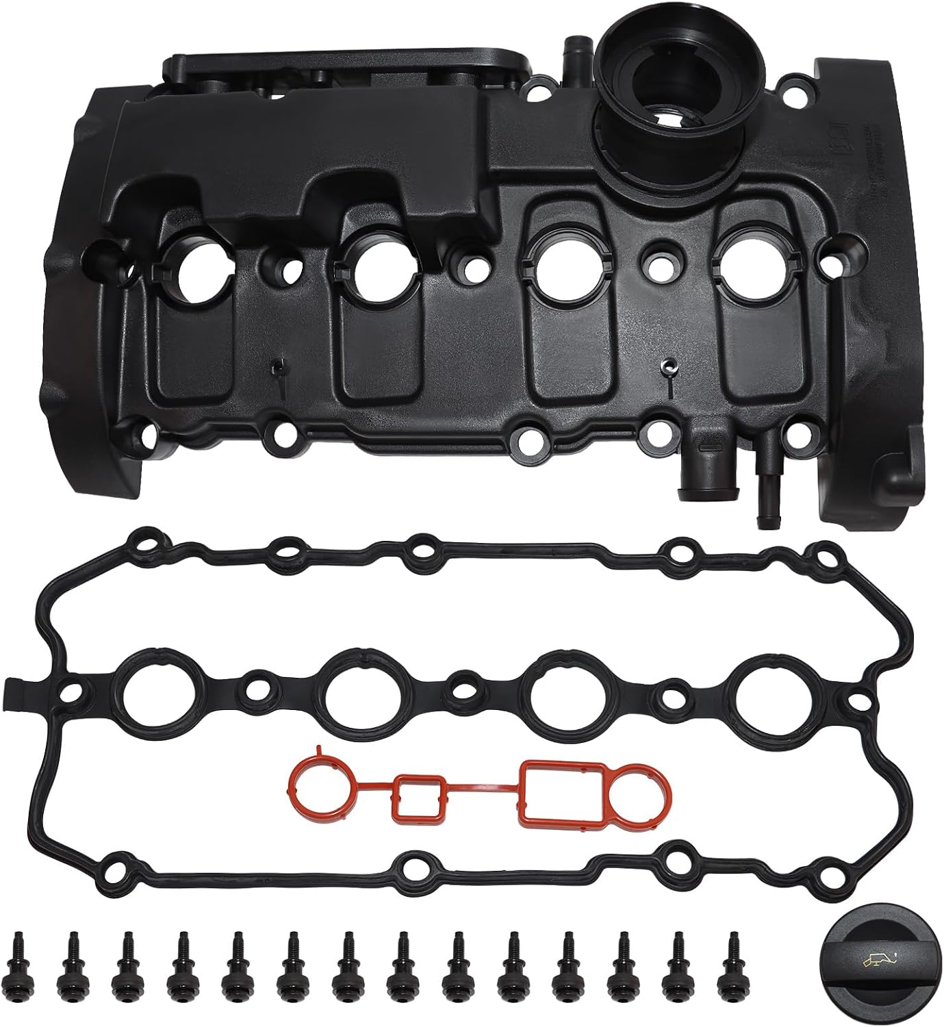 Engine Valve Cover with Gasket + Oil Cap Compatible with 2006-2008 Volkswagen Passat Jetta GTI 2012-2013 Golf R 2.0L Gas Turbocharged Replaces # 06F103469K 06F103469F