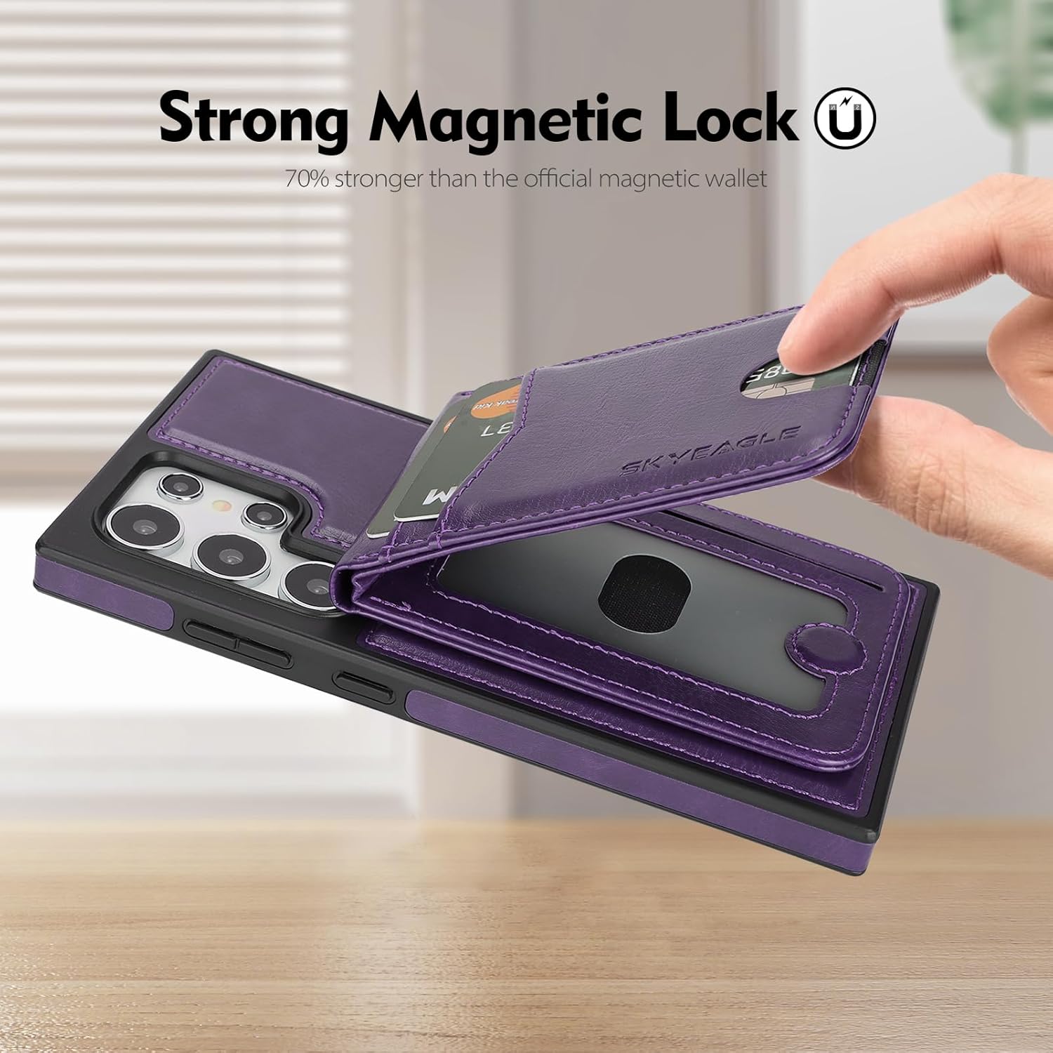SkyEagle Compatible Magsafe 2 in 1 Detachable Galaxy S24 Ultra Wallet Case with Card Holder Women Men,Magnetic PU Leather RFID Blocking Flip Kickstand Credit Slots,for Galaxy S24 Ultra 6.8",Purple
