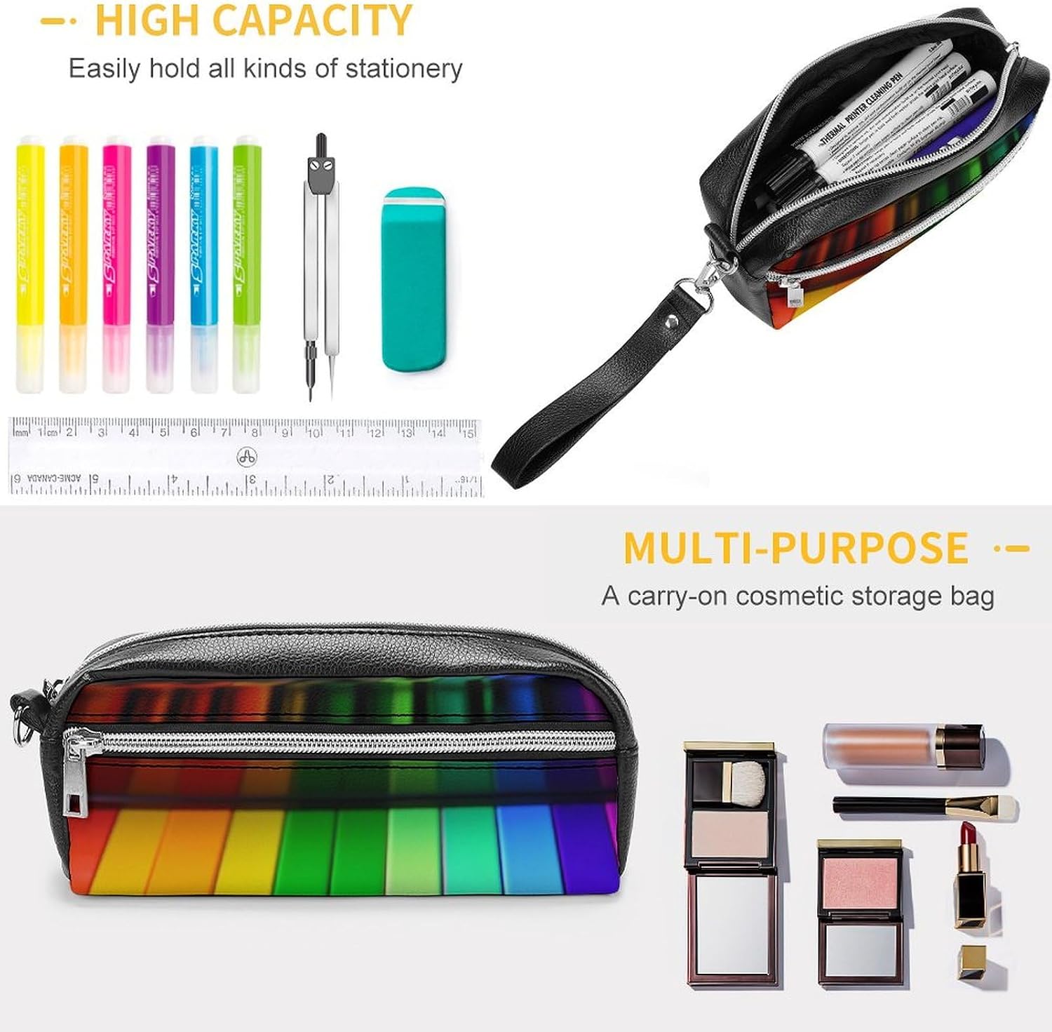Leather Pencil Cases Colorful Piano Music Rainbow Pen Pouch Travel Cosmetic Bag for Purse Portable Makeup Brush Bag Holder Coin Purse for Women Makeup Case Organizer image 3