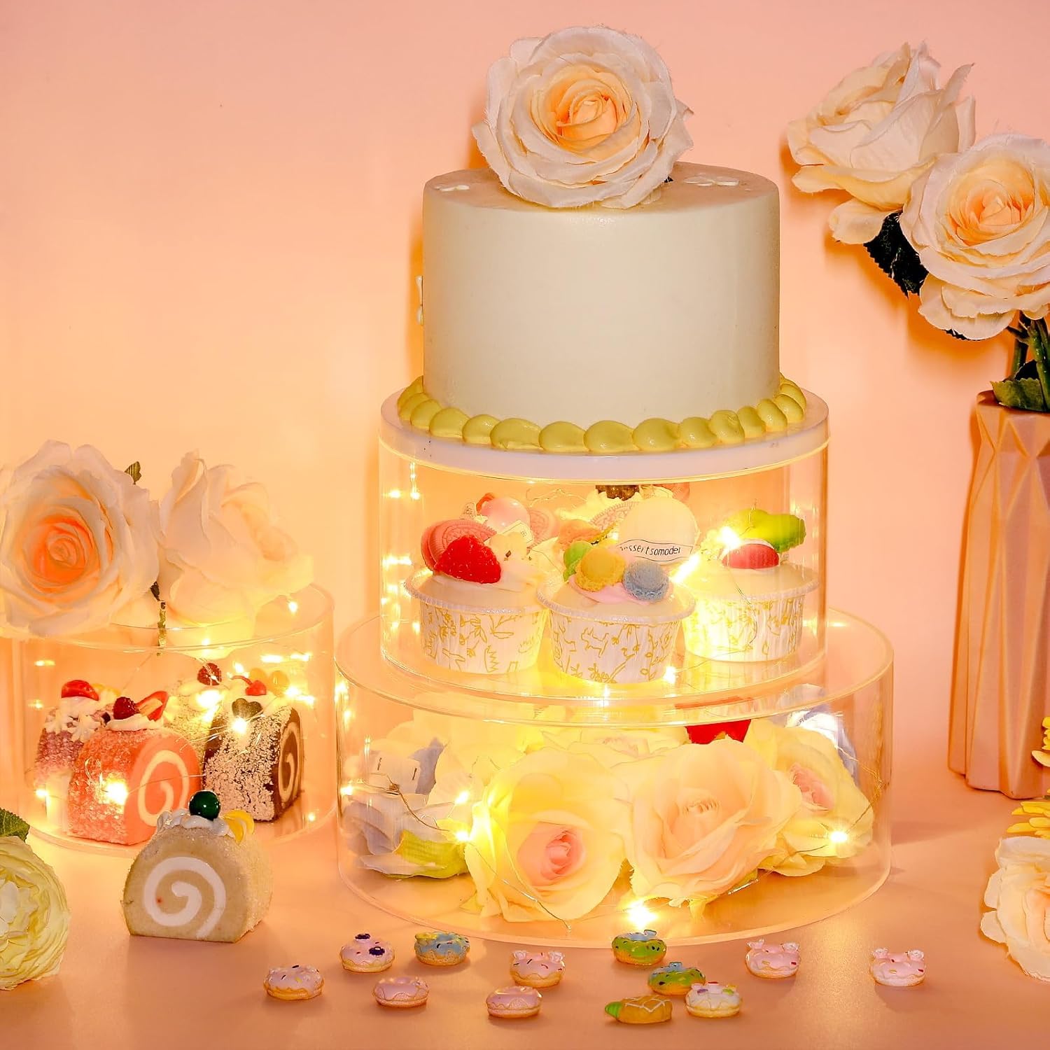 3PCS Clear Acrylic Cake Stand Fillable Cake Riser Cupcake Tier Wedding Christmas Cake Stand Round Cake Cylinder Display Box with Lid Box for Birthday Party (6 Inch, 8 Inch, 10 Inch, 3 LED Lights)