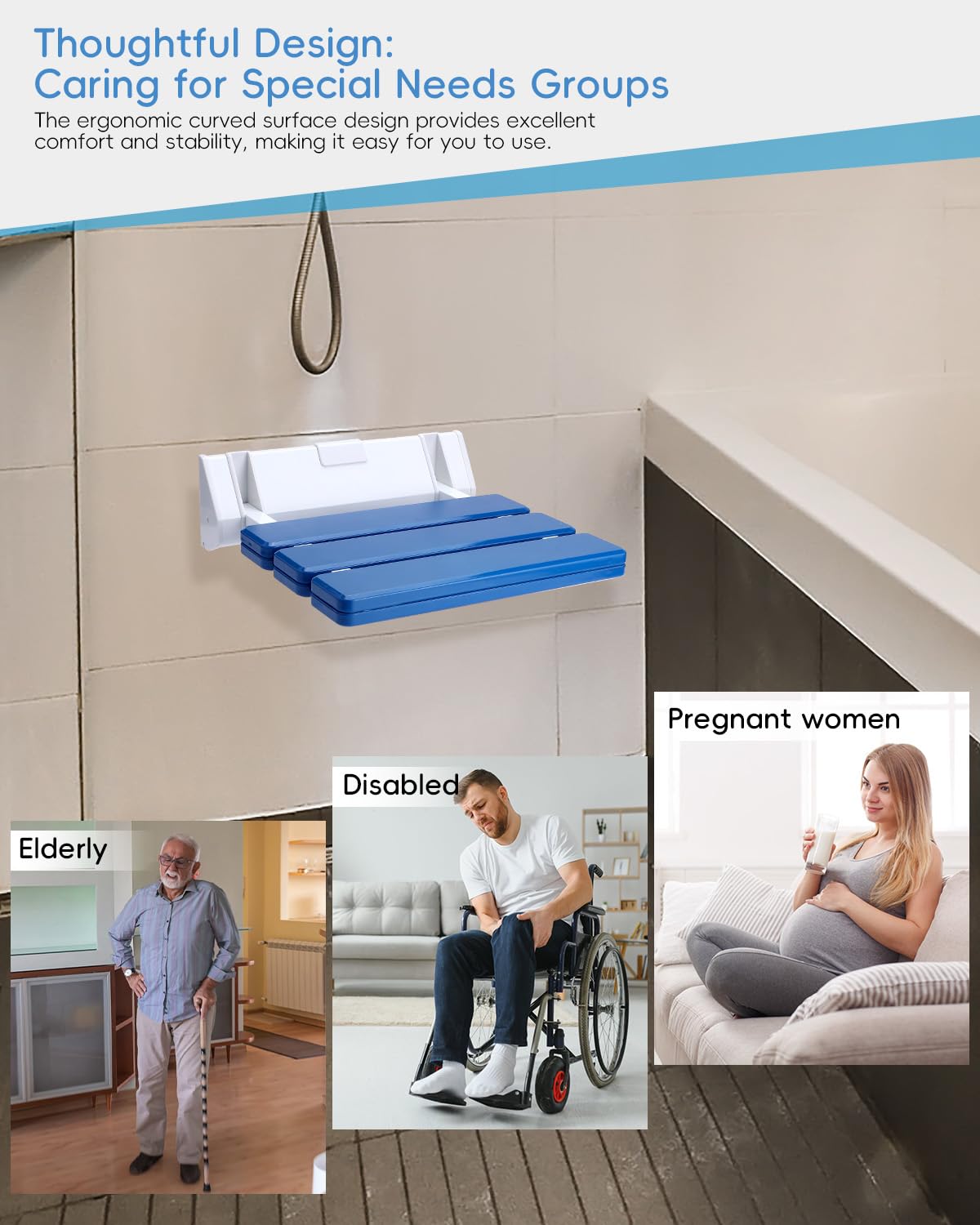 FreeTec Duschklappsitz Duschsitz Klappbar Wandmontage Belastbar bis 130kg Tragkraft Zusammenklappbar Duschhocker Dusche Sitzgelegenheit Stuhl Blau