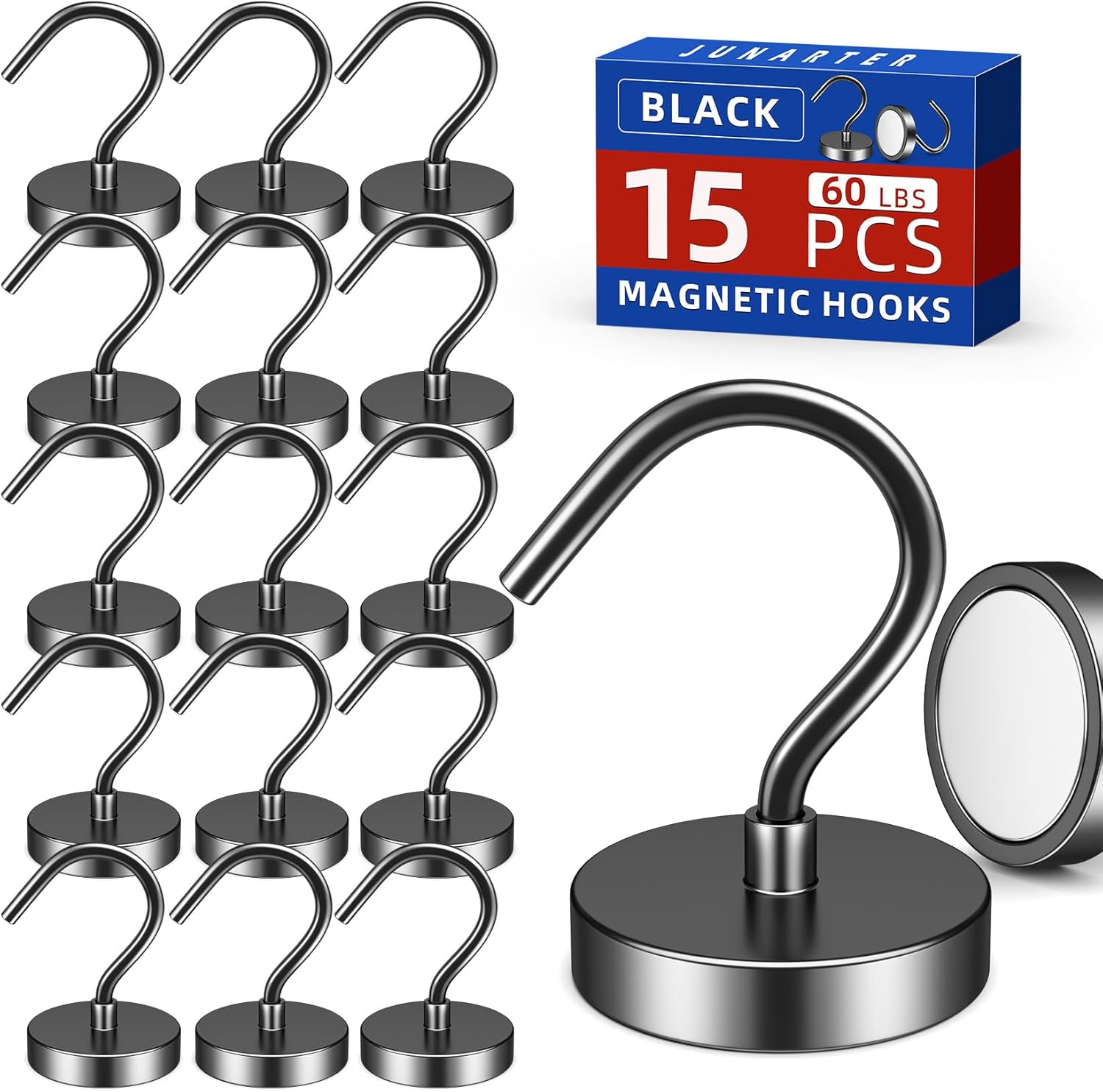 15 Pack Magnetic Hooks Large Opening, 60LBS Neodymium Magnet Hooks Heavy Duty, Strong Magnetic Hooks for Hanging, Magnet with Hooks for Cruise Cabins, Fridge, Classroom, Locker, Office(Black)