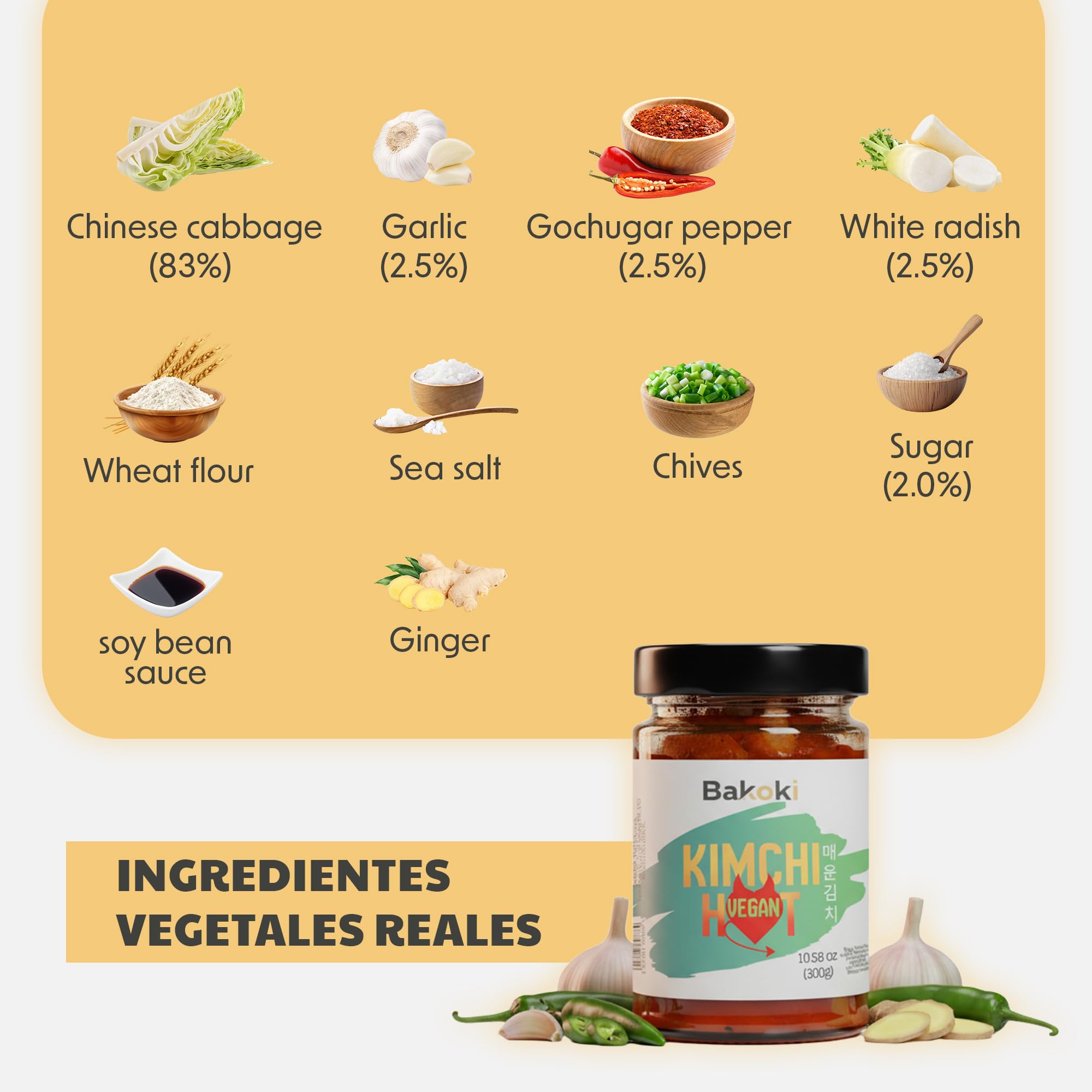 Bakoki Premium 매운 김치 Hot‑Kimchi VEGAN Gochugaru kimchi coreano picante repollo napa fermentado tradicional probiótico umami 2 x 300 g