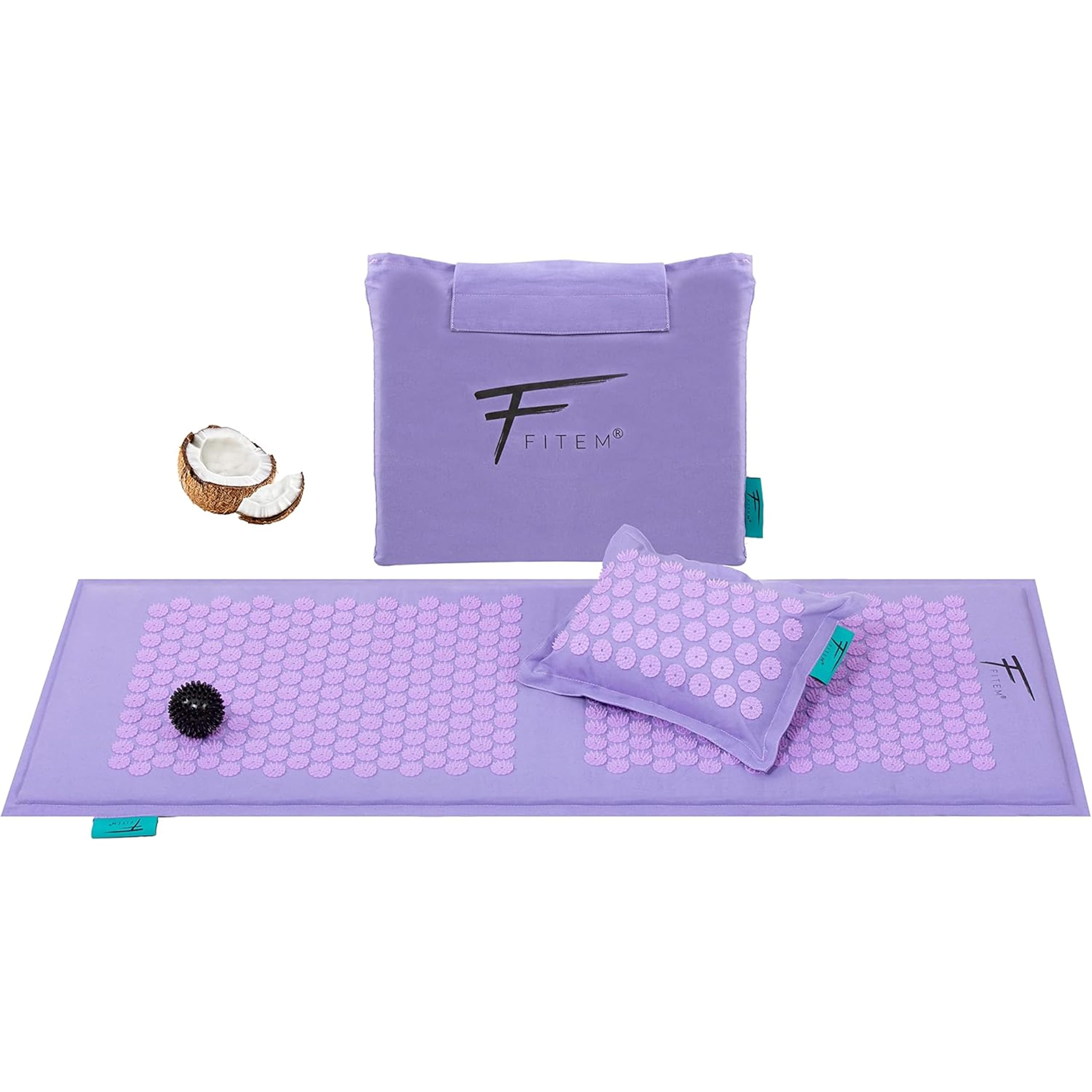 Fitem Akupressurmatte mit Kissen & Ball, 100% Kokos, XL Violett
