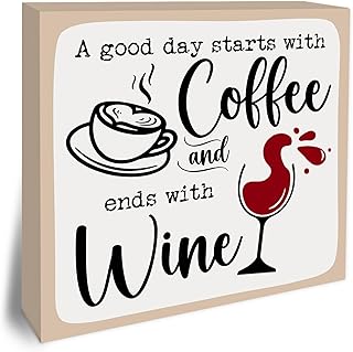 Coffee Wooden Block Plaque - A Good Day Starts With Coffee And Ends With Wine Tabletop Sign Decor For Friend Family Coworker -Office Cafe Home Wood Block - Funny Desk Favors & Supplies - A06