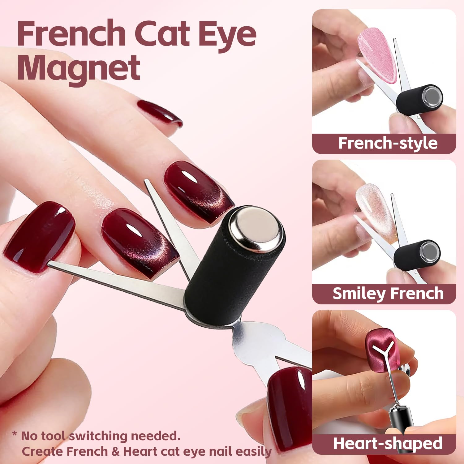 5pcs Cat Eye Magnet Set, 2-in-1 Scissor Shape Nail Magnet Tool create French & V-Shape nail effects, Heart Guide & Cylindrical Magnet for Cat Eye Gel Polish, Nail Art DIY for Home, Salon, Studio