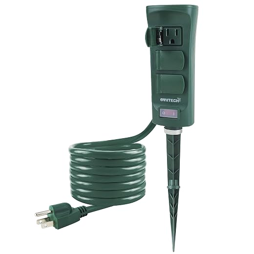 oviitech 6-Outlet Outdoor Yard Power Stake with Weatherproof Cover and ON/Off Switch,9 Ft Long Extension Cord Power Strip, Weather Resistant, ETL Certified, Green