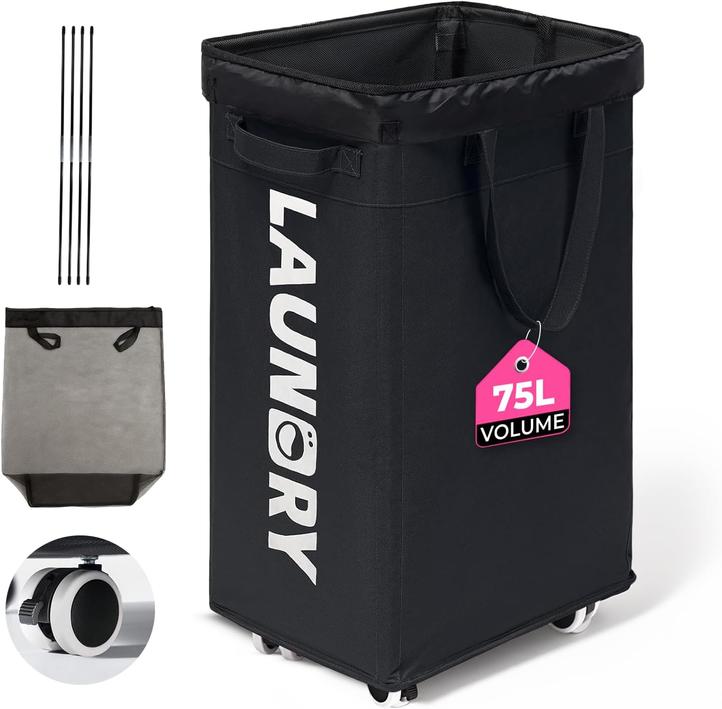75L Rolling Laundry Basket with Wheels – Large Black Clothes Hamper with Removable Washable Mesh Bag, 600D Oxford Fabric,Lockable Wheels & Standing Rods for Upright Stability in Bedroom & Laundry Room