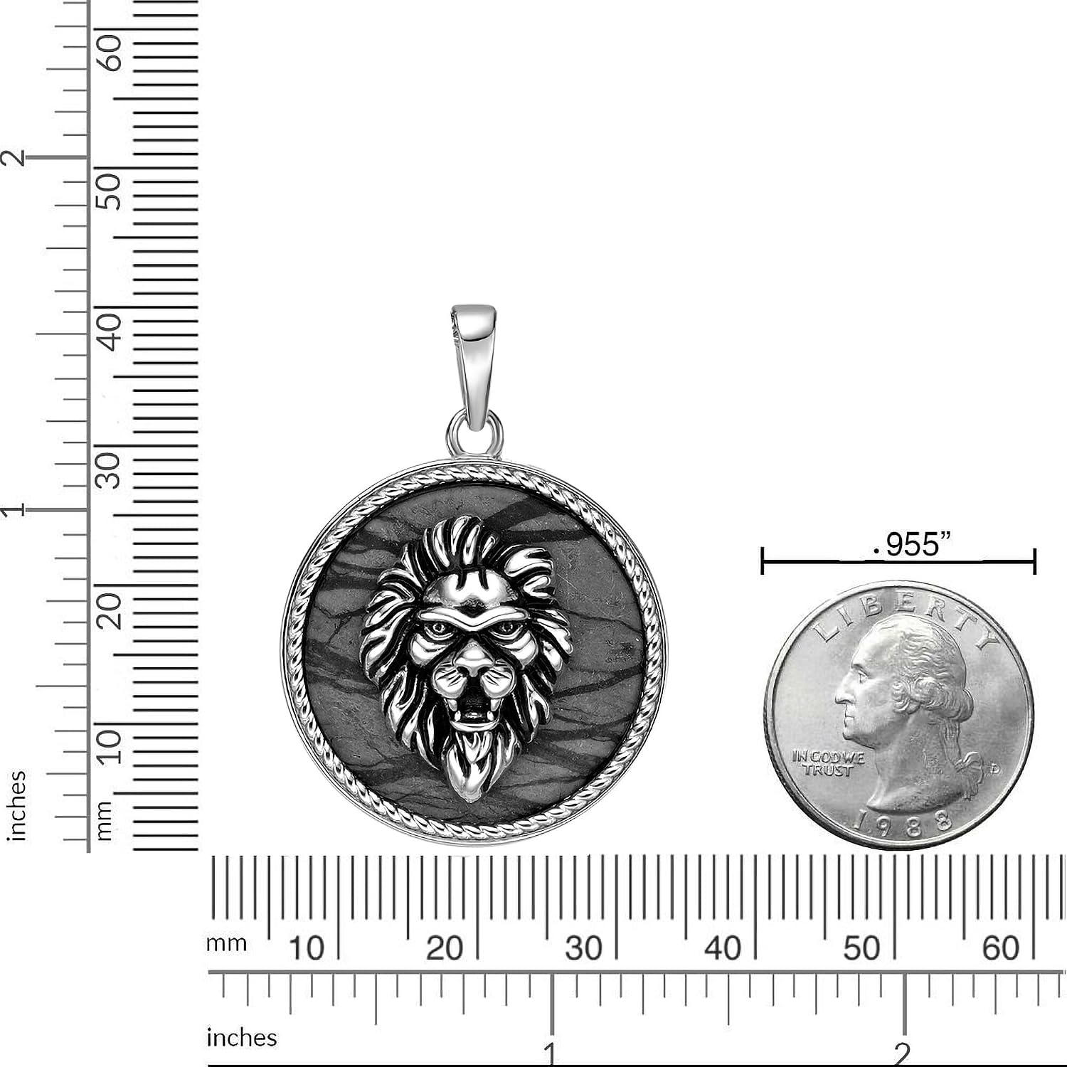 925 Sterling Silver Picasso Jasper Lion Dog Tag Pendant Antique Finish, 24"