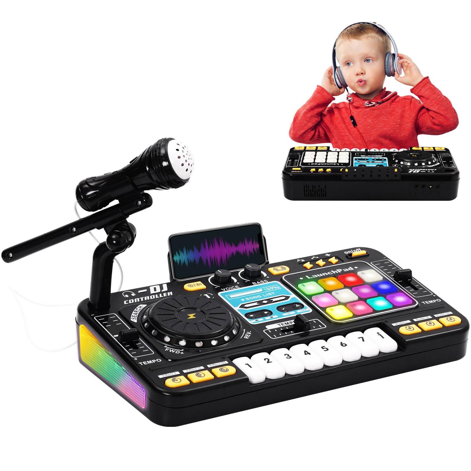 Mesa de Mezclas DJ Infantil con Teclado Piano - Kit DJ Niños con Bluetooth, Micro y Altavoz - Piano para Niños, Instrumentos Musicales Infantiles con 12 Pistas MIDI - Regalo Niña y Niño 3 Años