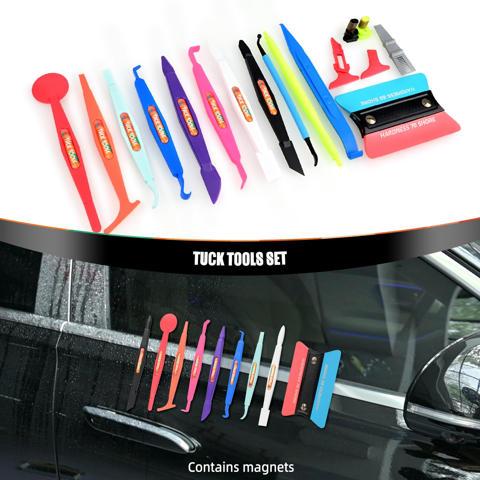 EHDIS 17 sztuk narzędzi do foliowania – 8 WrapStick z magnesem, rakiel 2 w 1 z magnesem, para przekładek i teczka na narzędzia, zestaw rakli do folii barwiącej samochodu, folii lustrzanych lub folii