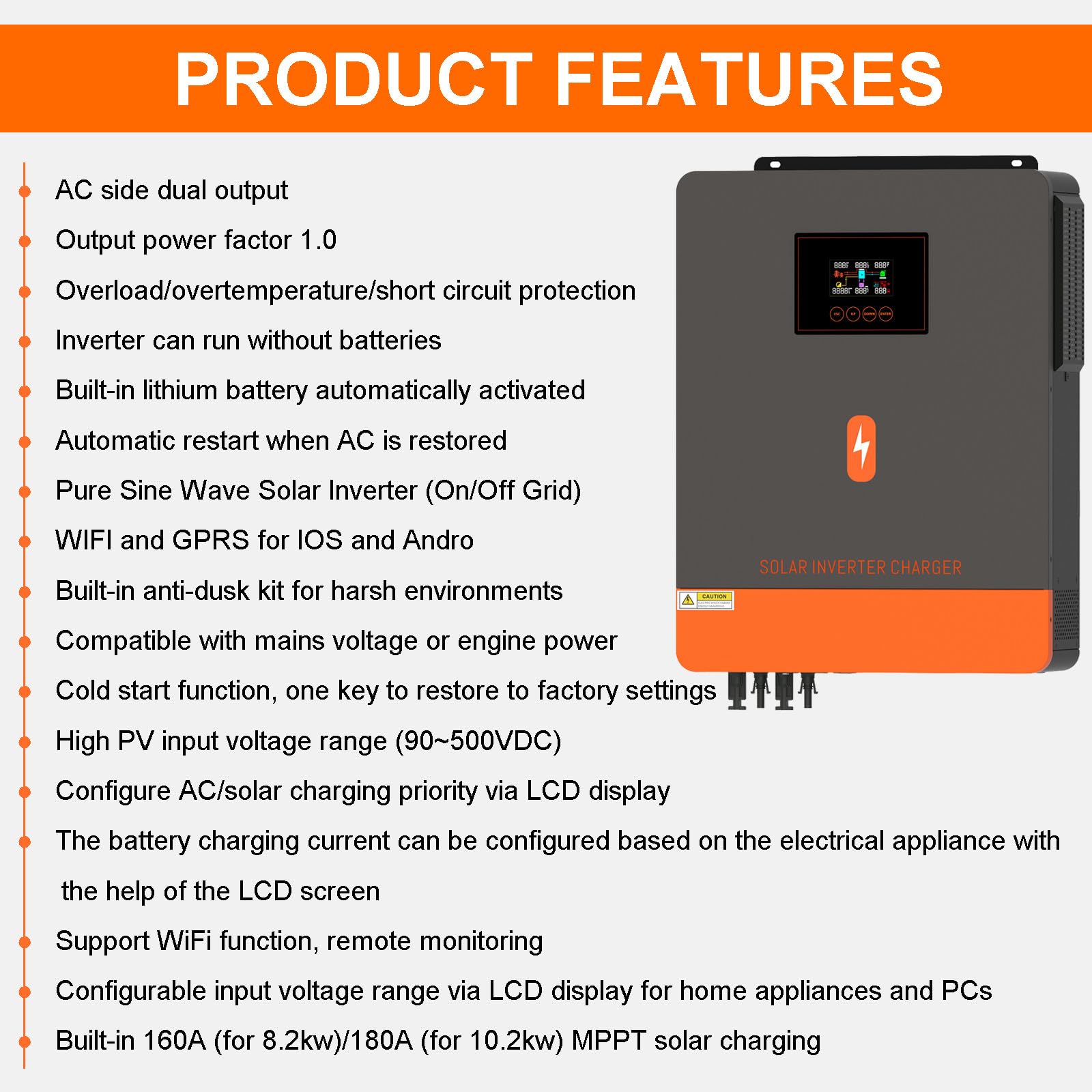 FAXIOAWA Inverter Solare on/off da 8,2KW/10,2KW - Max PV 500 V CC, CC (48 V) a CA (220-240 V), Supporto Controllo remoto Tramite App - con Caricabatterie (160-180 A) + Kit Antipolvere, 8,2 kW+WiFi
