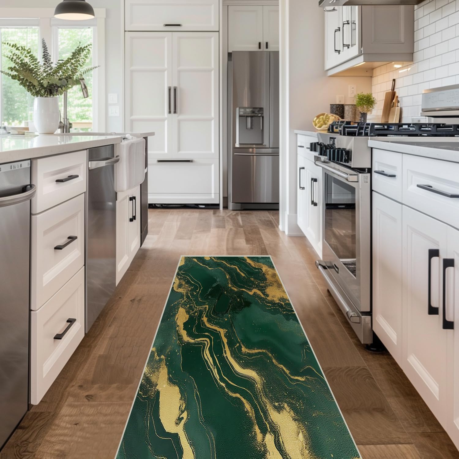 2x6 Area Rug Green Gold Runner Rug for Bedsite Kitchen Entryway Machine Washable Modern Rugs for Bedroom Ultra Soft Dining Room Carpet Non-Slip Non-Shedding Throw Rug for Home Office