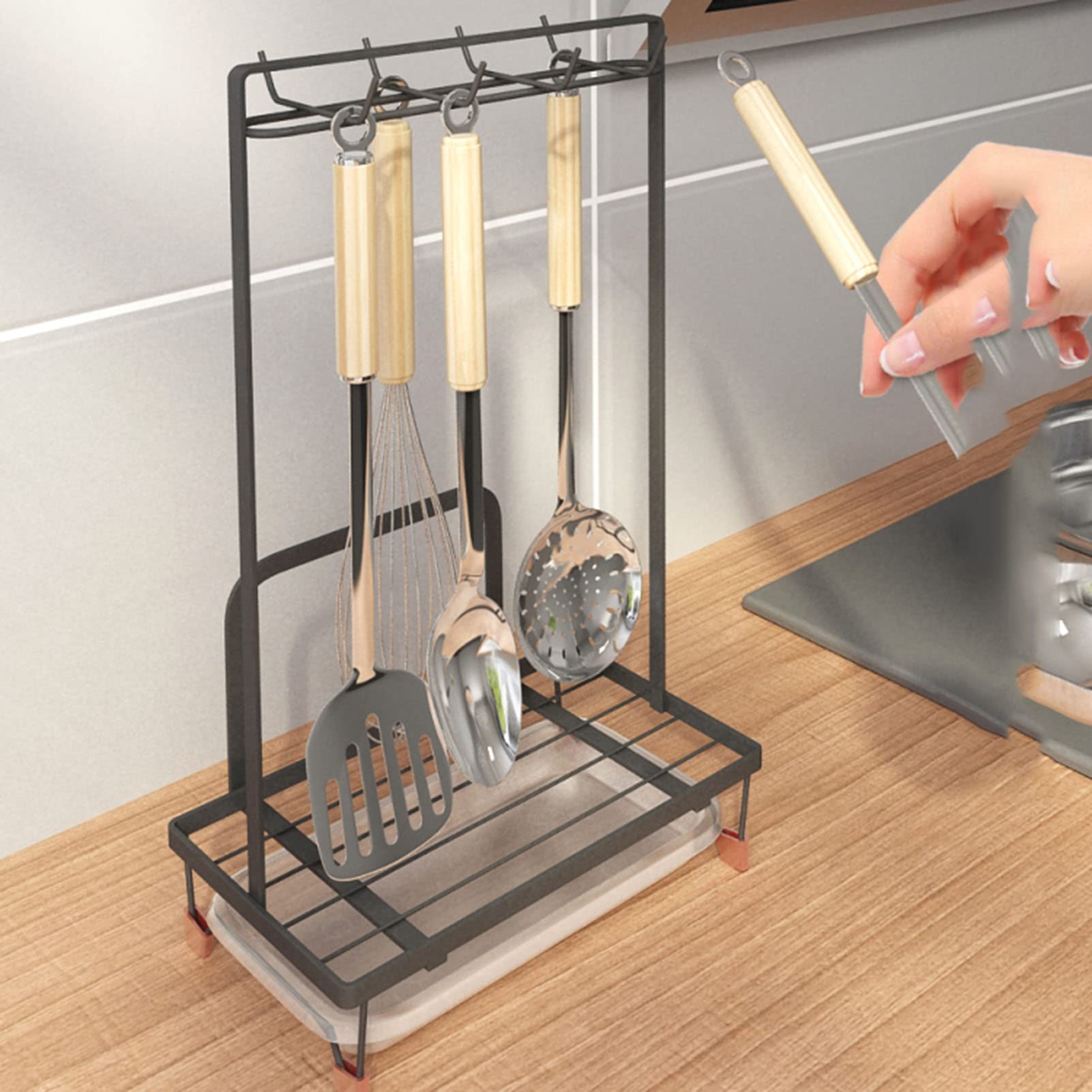 Supports à ustensiles de comptoir, porte-couvercle de casserole et repose-cuillère, organisateur mural de support de cuisine peu encombrant, support de suspension multifonctionnel for ustensiles de cu