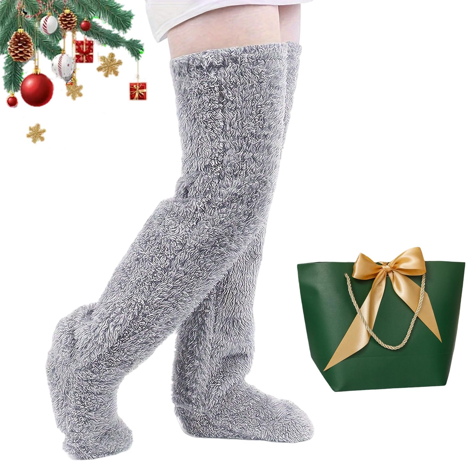 Snrtevu Goose Down Knee Socks for Christmas, Socks Long Fuzzy Thigh High Warm, Plush Knee High Sock for Women, Winter Fuzzy Thermal Home Sleeping Sock (Light gray)
